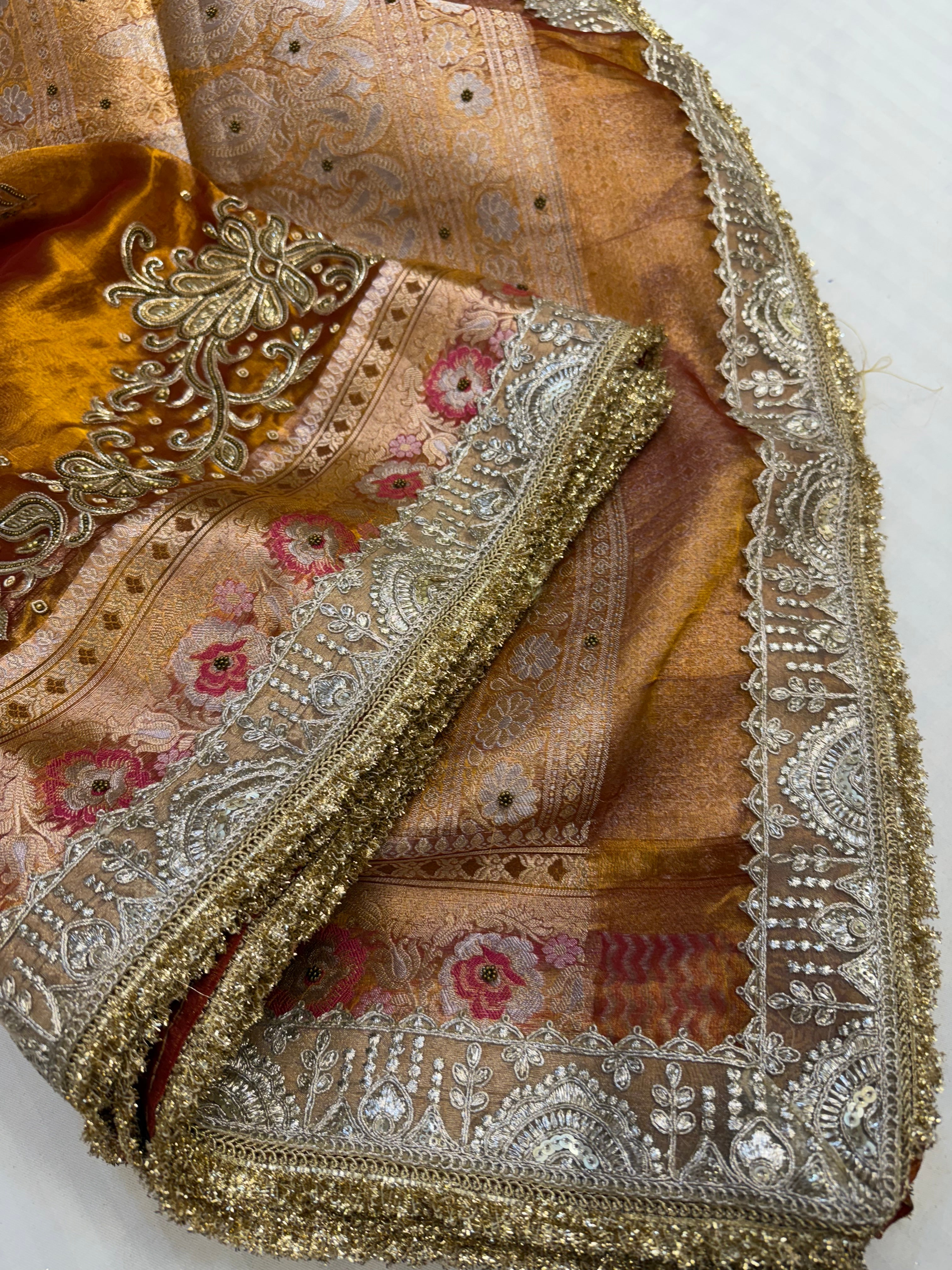 Cocktail wali saree - Kanjivaram orange tissue silk hand embroidered saree