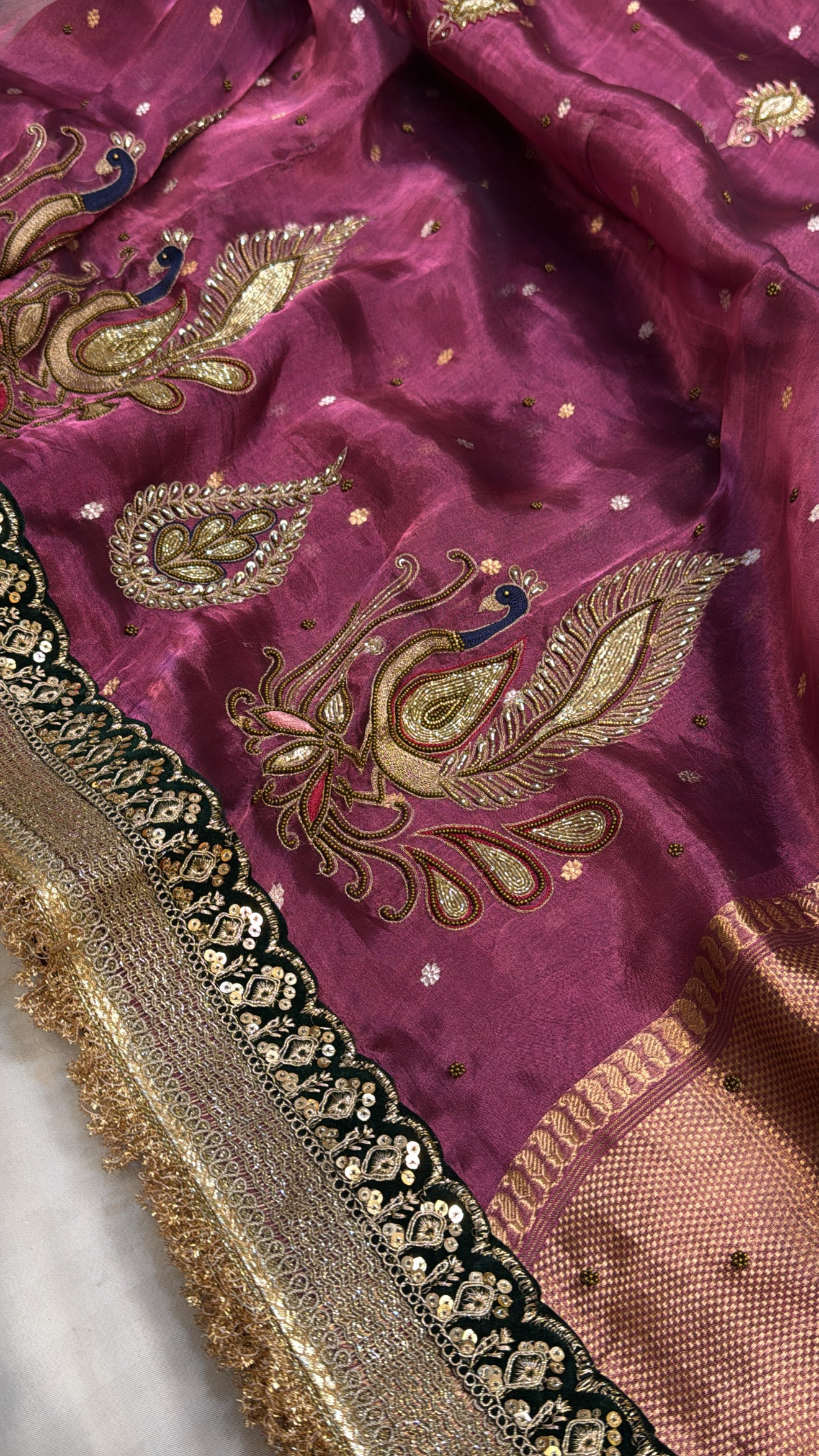 Midnight purple tissue silk peacock motif hand embroidered saree
