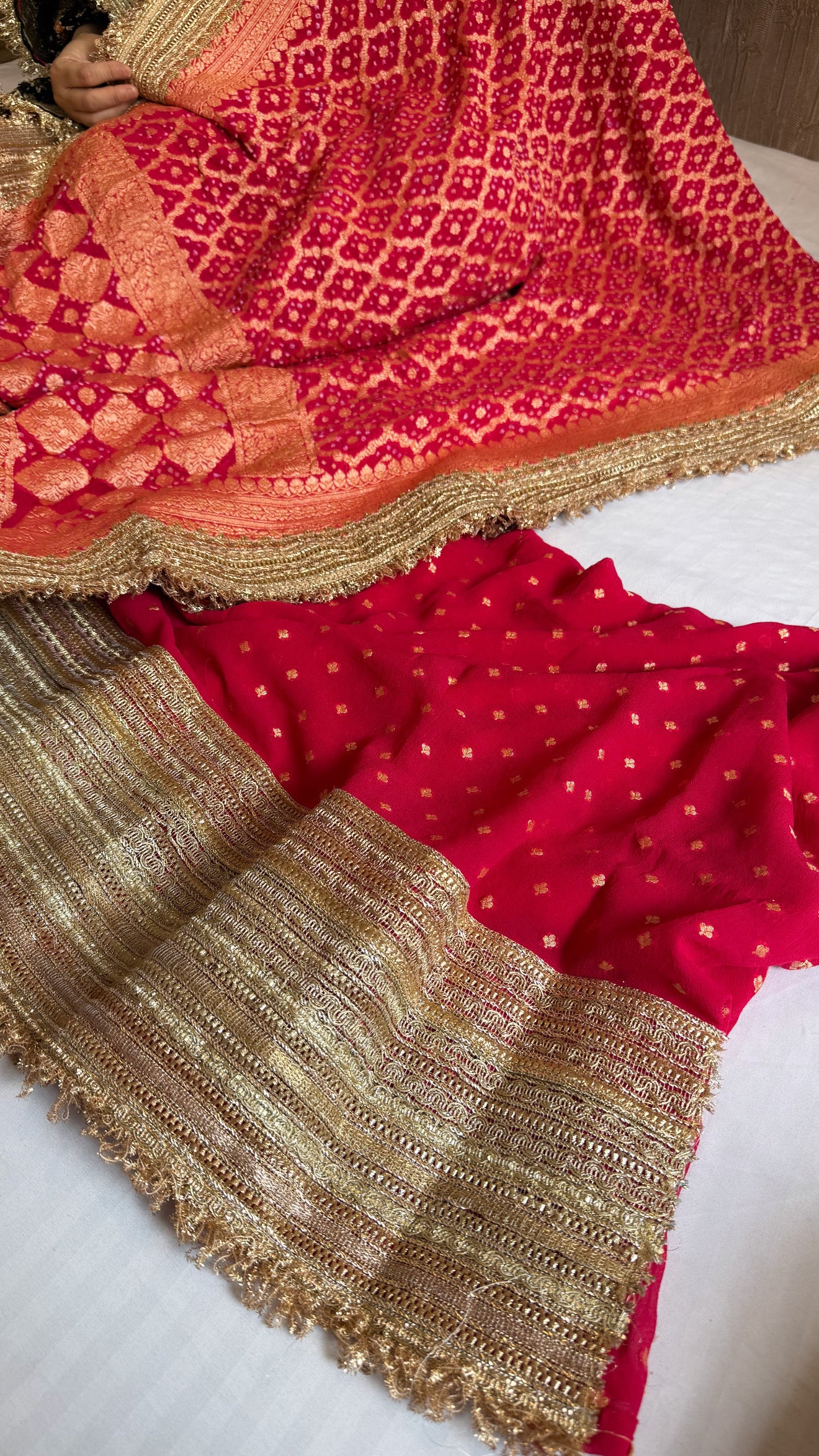 Rani pink banarasi rai bandhej gorgette gotapatti suit set