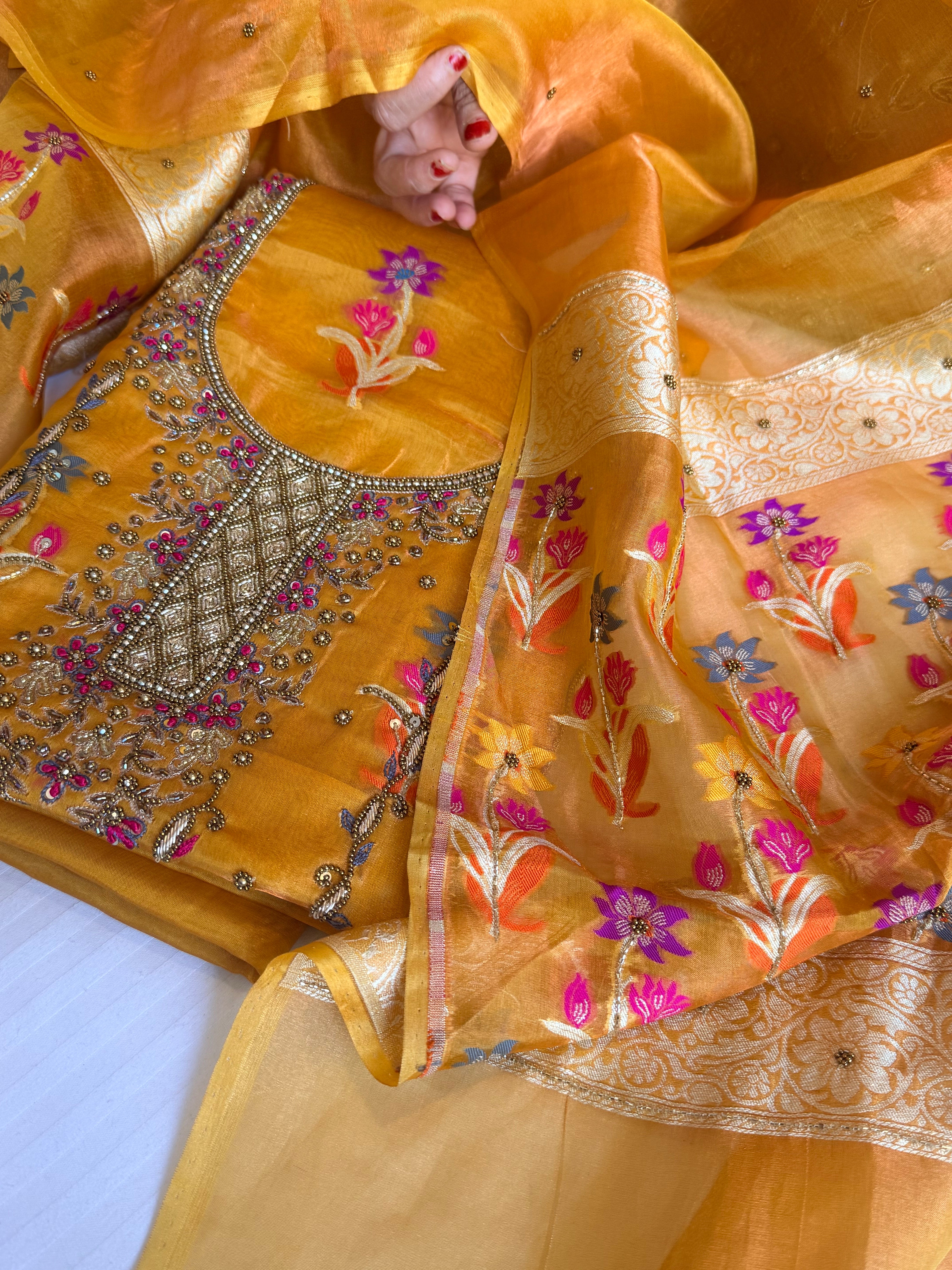 Banarasi tissue silk haldi gold tissue silk meenakari hand embroidered suit set
