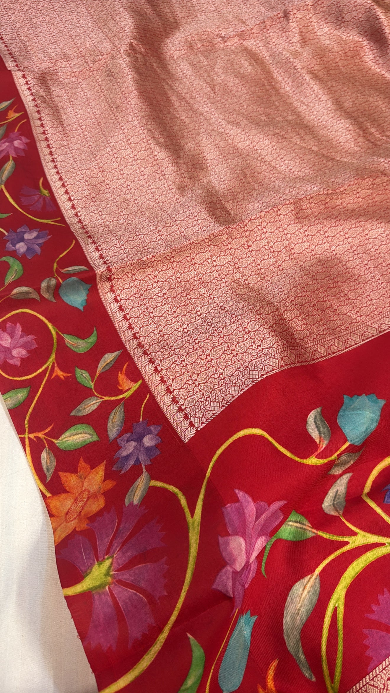 Bridal red banarasi brocade silk floral satin border kadhwa weaving saree