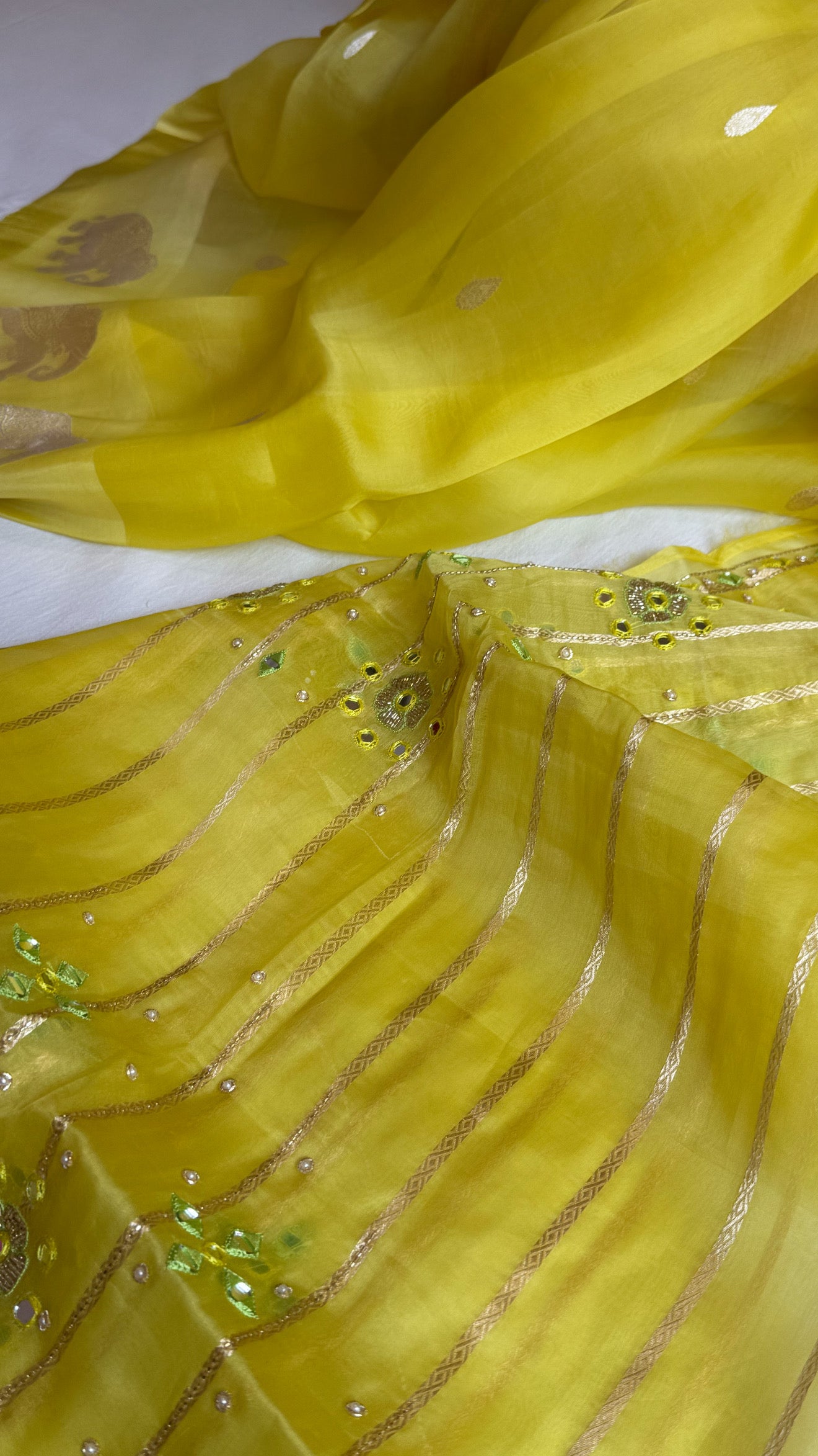Lemon yellow banarasi kora silk hand embroidered saree