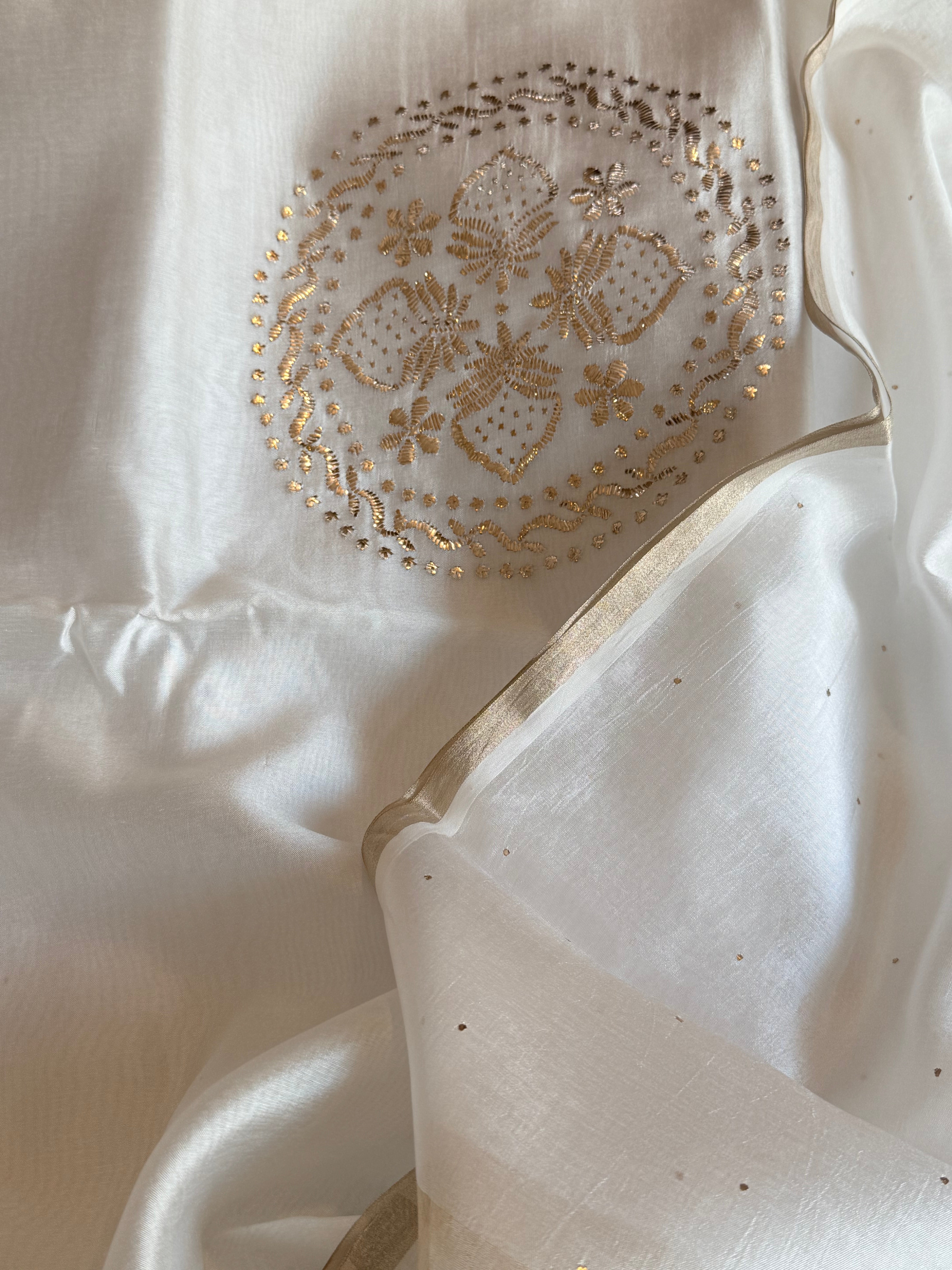 Pearl white spun chiniya silk mukaish hand embroidered suit sets