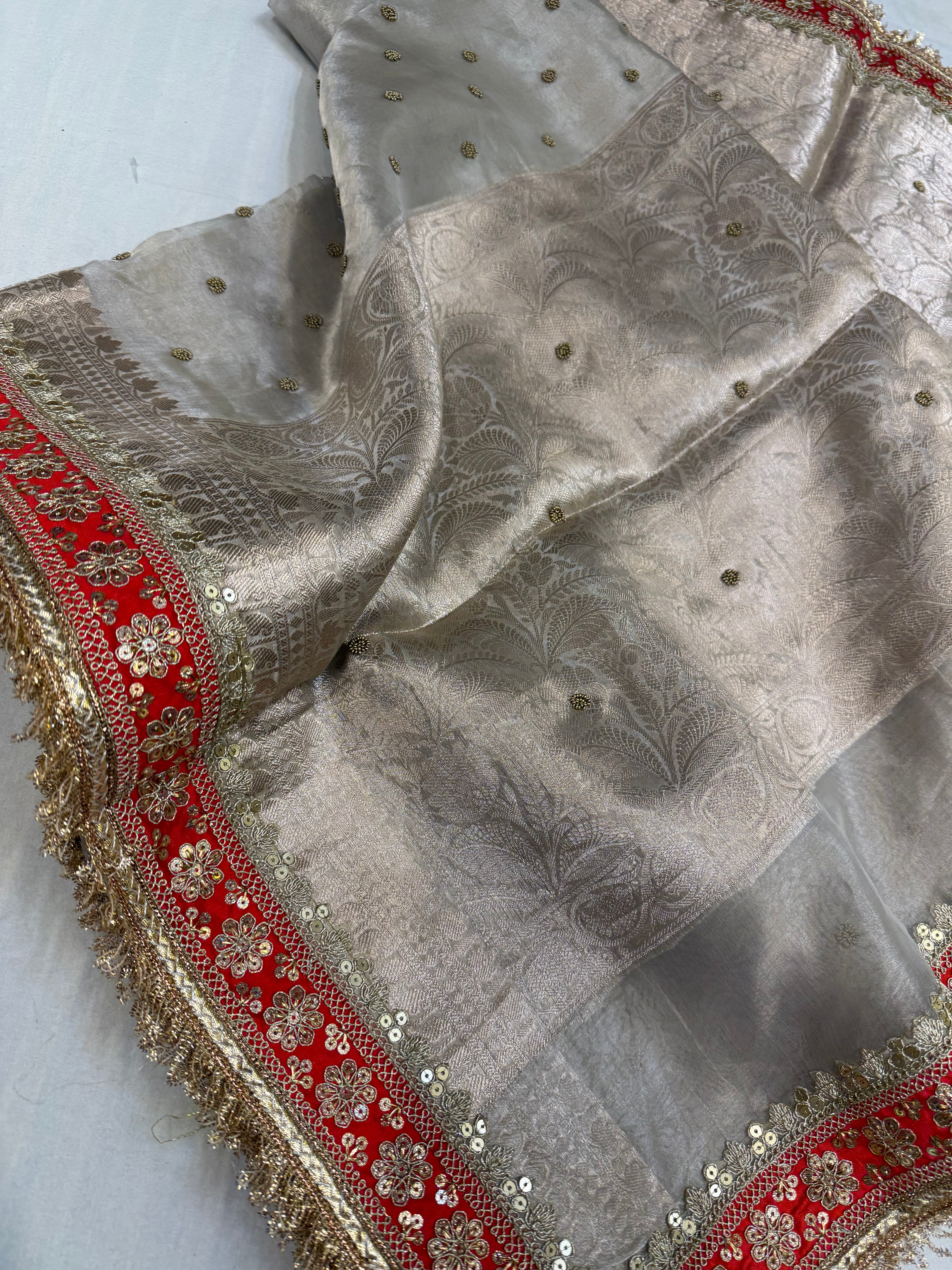 Diamond tissue silk chunri buti hand embroidered panetar saree