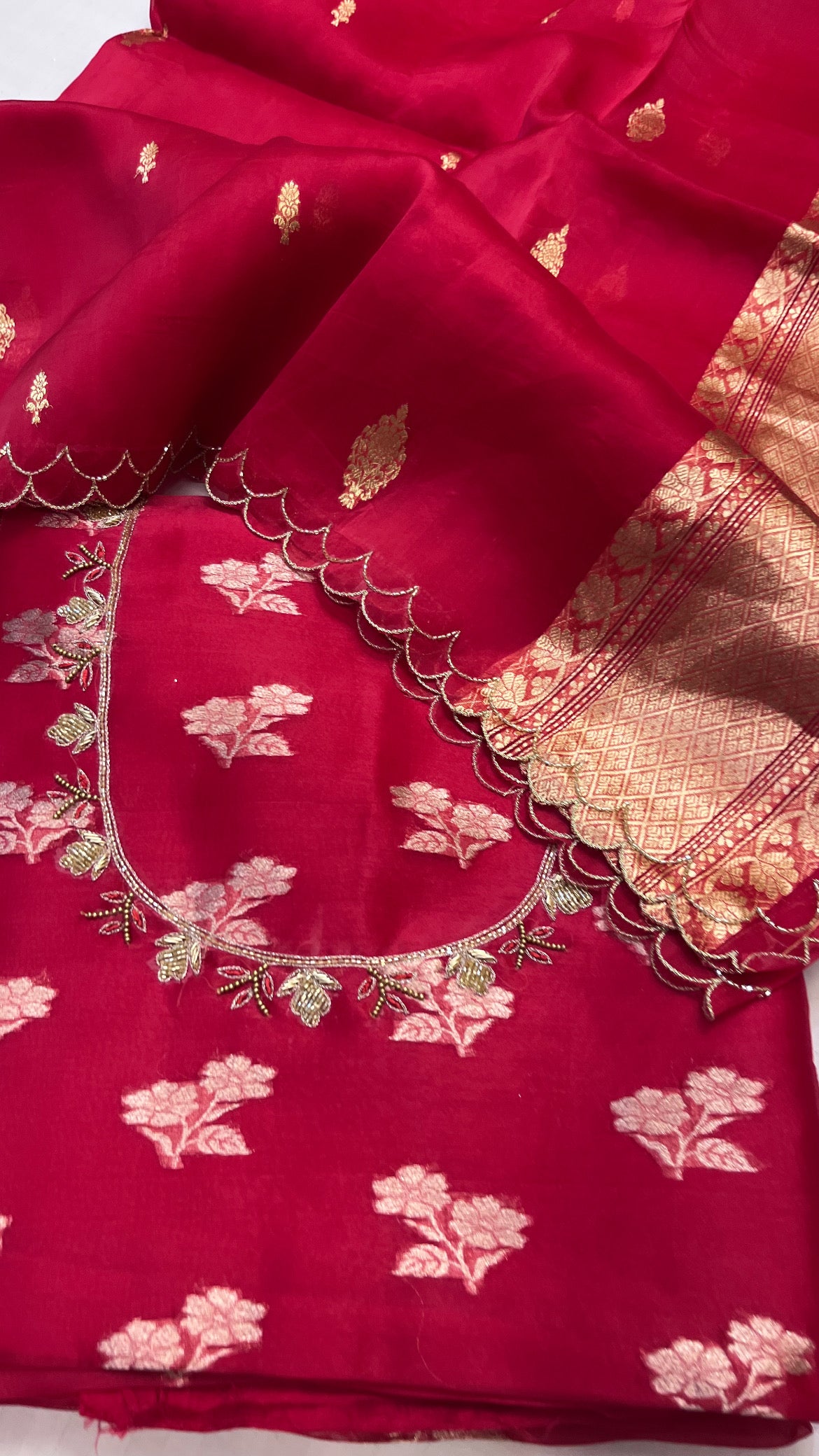 Heeramandi red kora silk hand embroidered kadhwa suit set