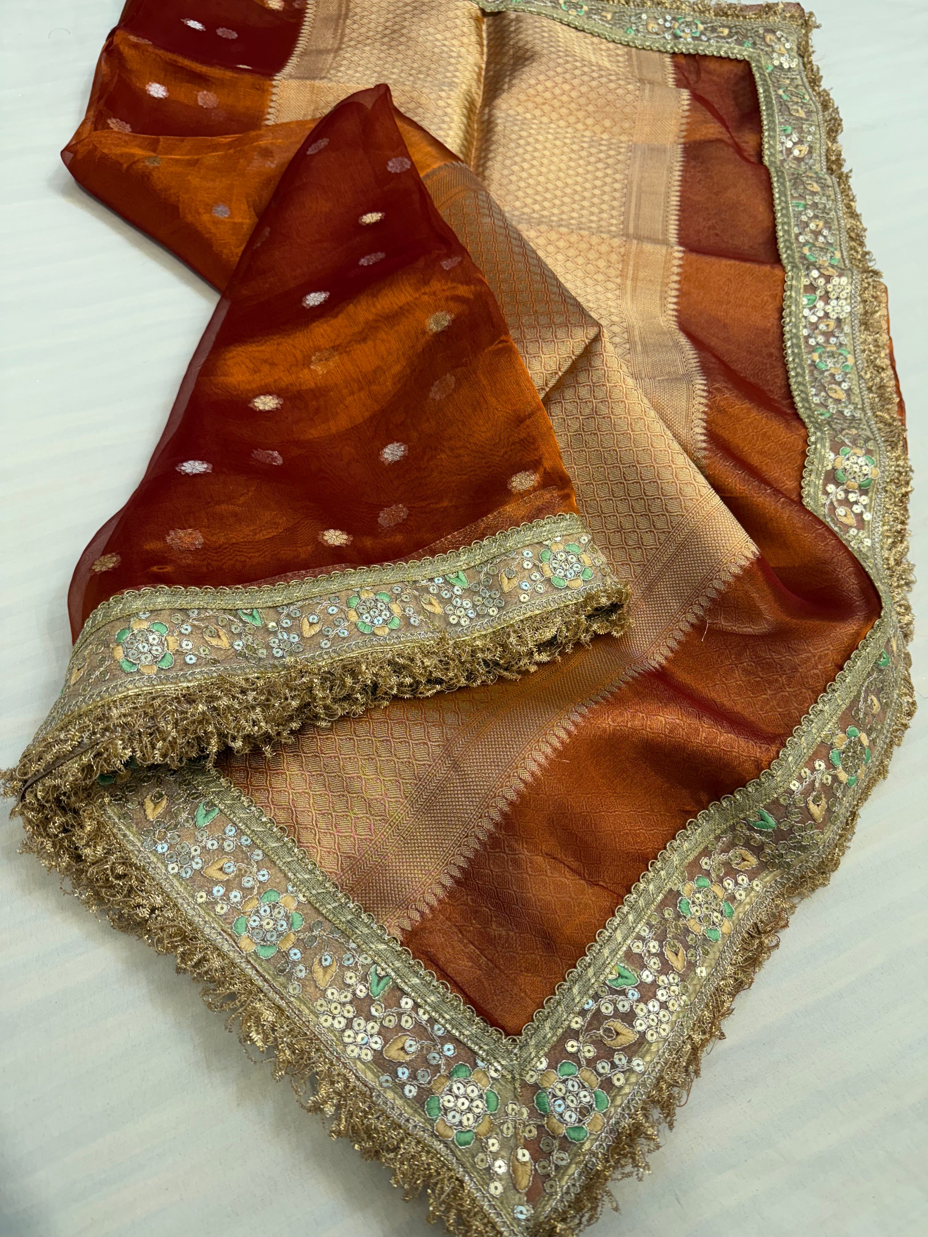 Bright fanta orange maharani tissue silk kadhwa saree