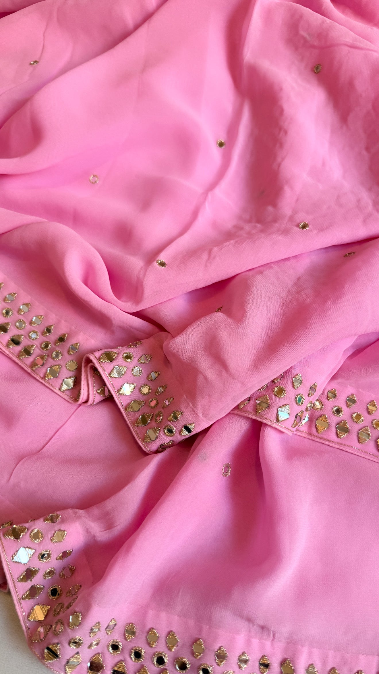 Mother’s Day offer - Candy pink chiffon gorgette mirrorwork hand embroidered sarees