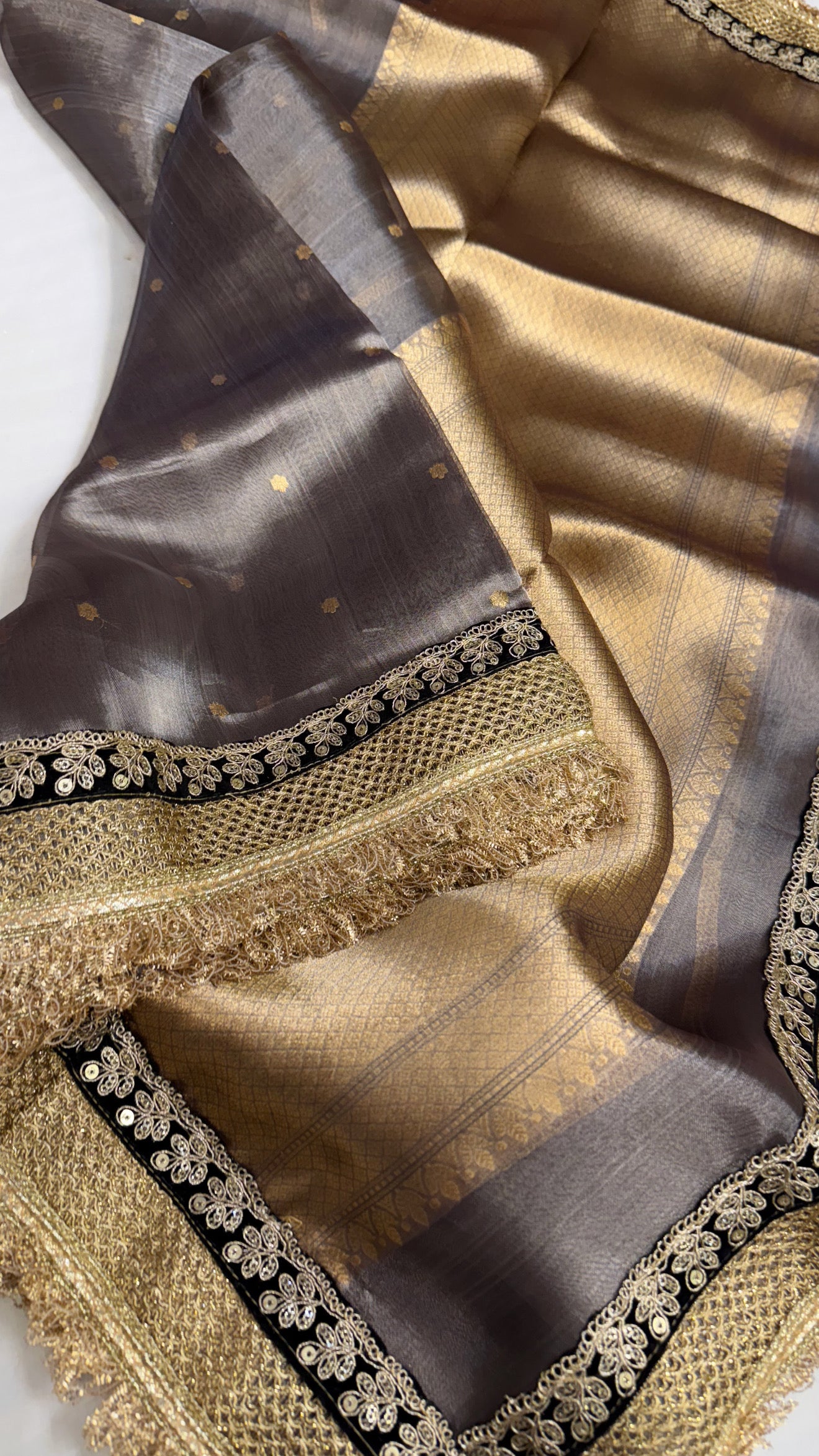 Maharani steel grey tissue silk kadhwa buti saree
