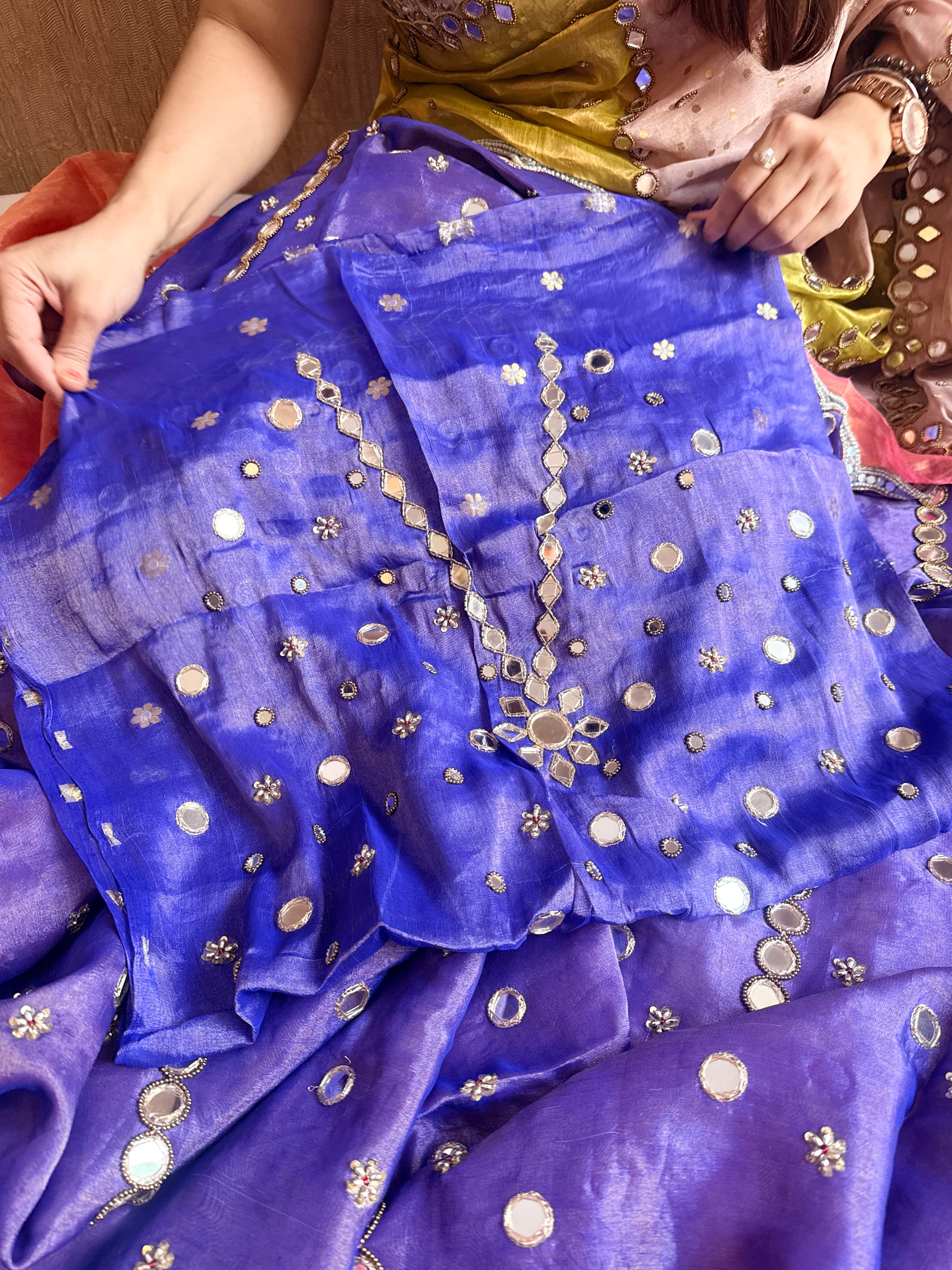Tyohaar edit - Chiffon tissue gorgette mirrorwork half-half kafhwa buti saree
