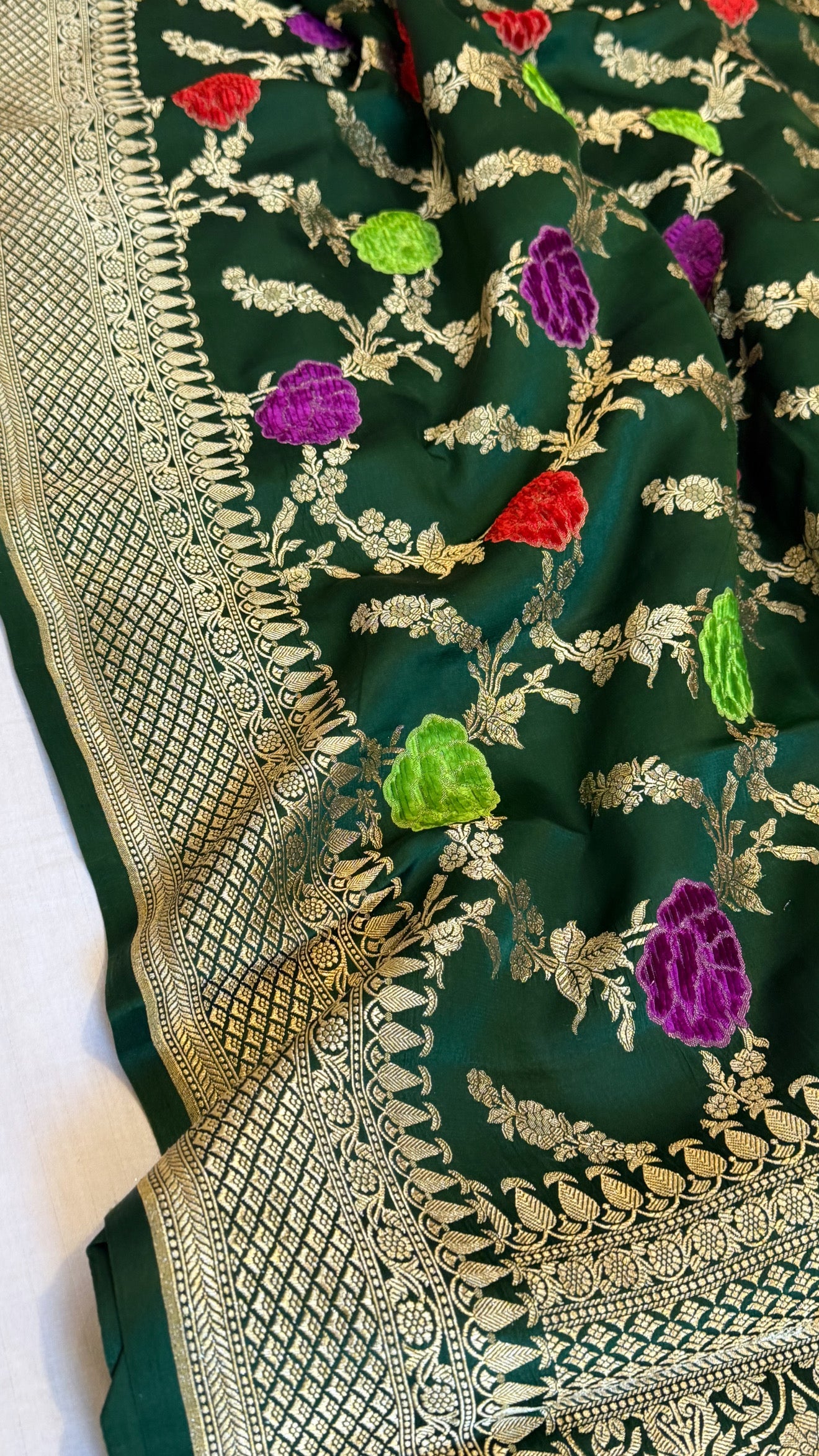 Forest green banarasi mashru silk velvet buti kadhwa weaving saree