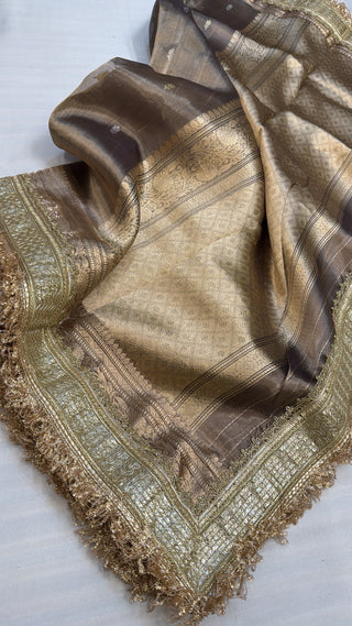 Maharani greyish-green dhup chao effect tissue silk saree