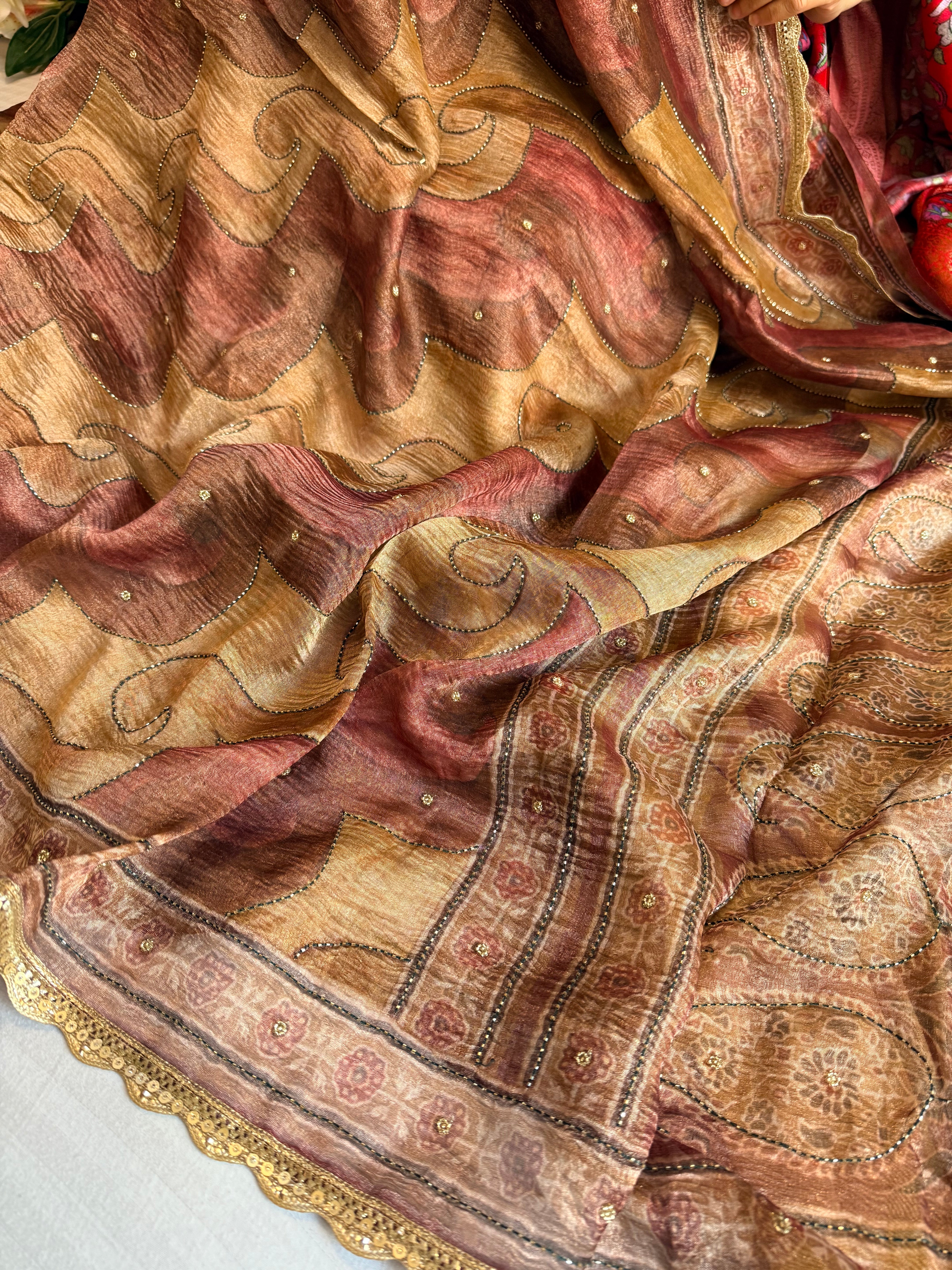 Printed tissue silk hand embroidered kadhwa gotapatti saree