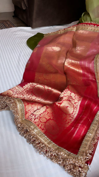 Tamatar laal shade leela kora silk kadhwa buti saree