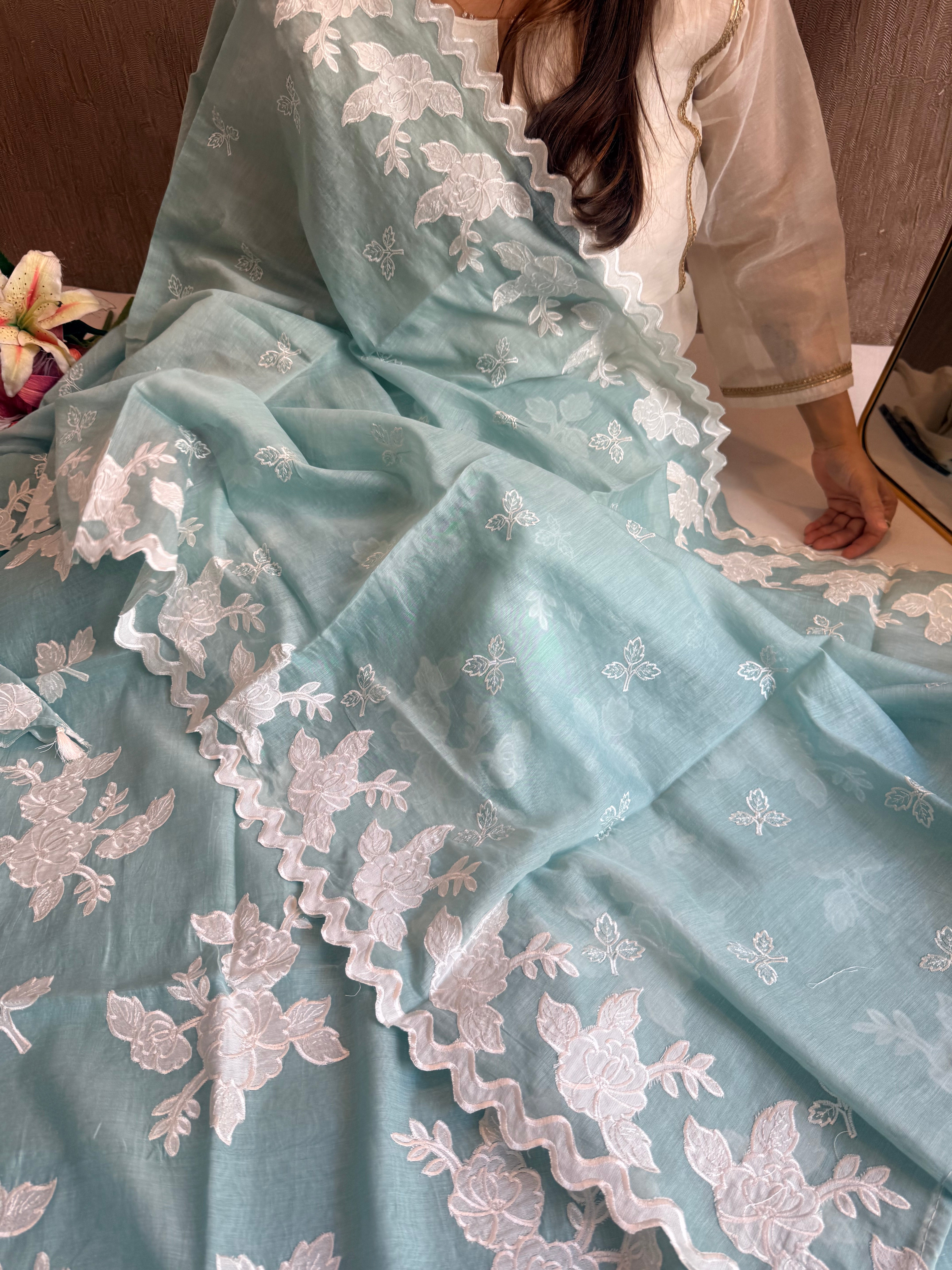 Alia bhatt inspired banarasi mulmul appliqué work suit set