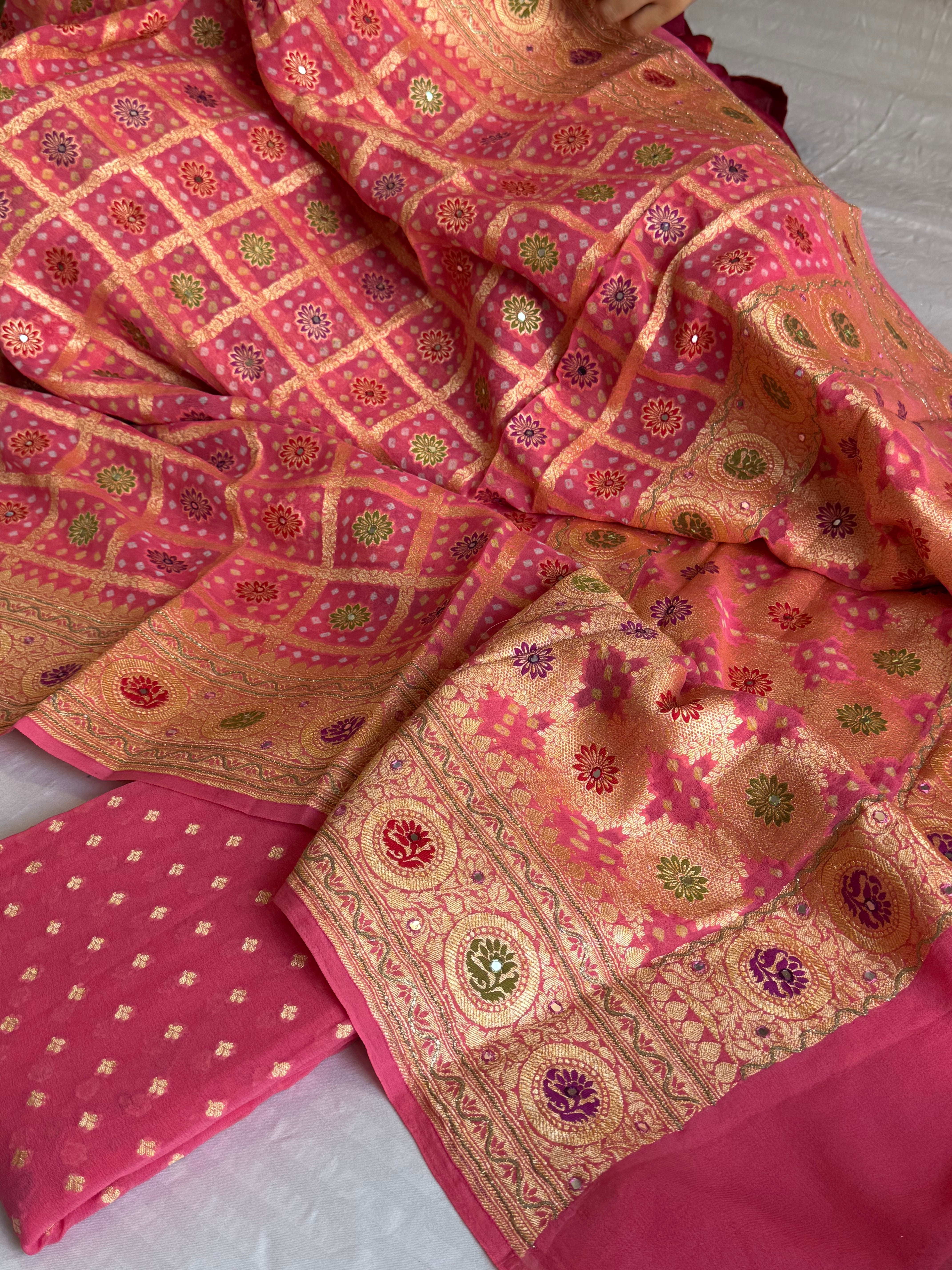 Mirror and dori work rose neon pink banarasi bandhej gorgette kadhwa suit sets