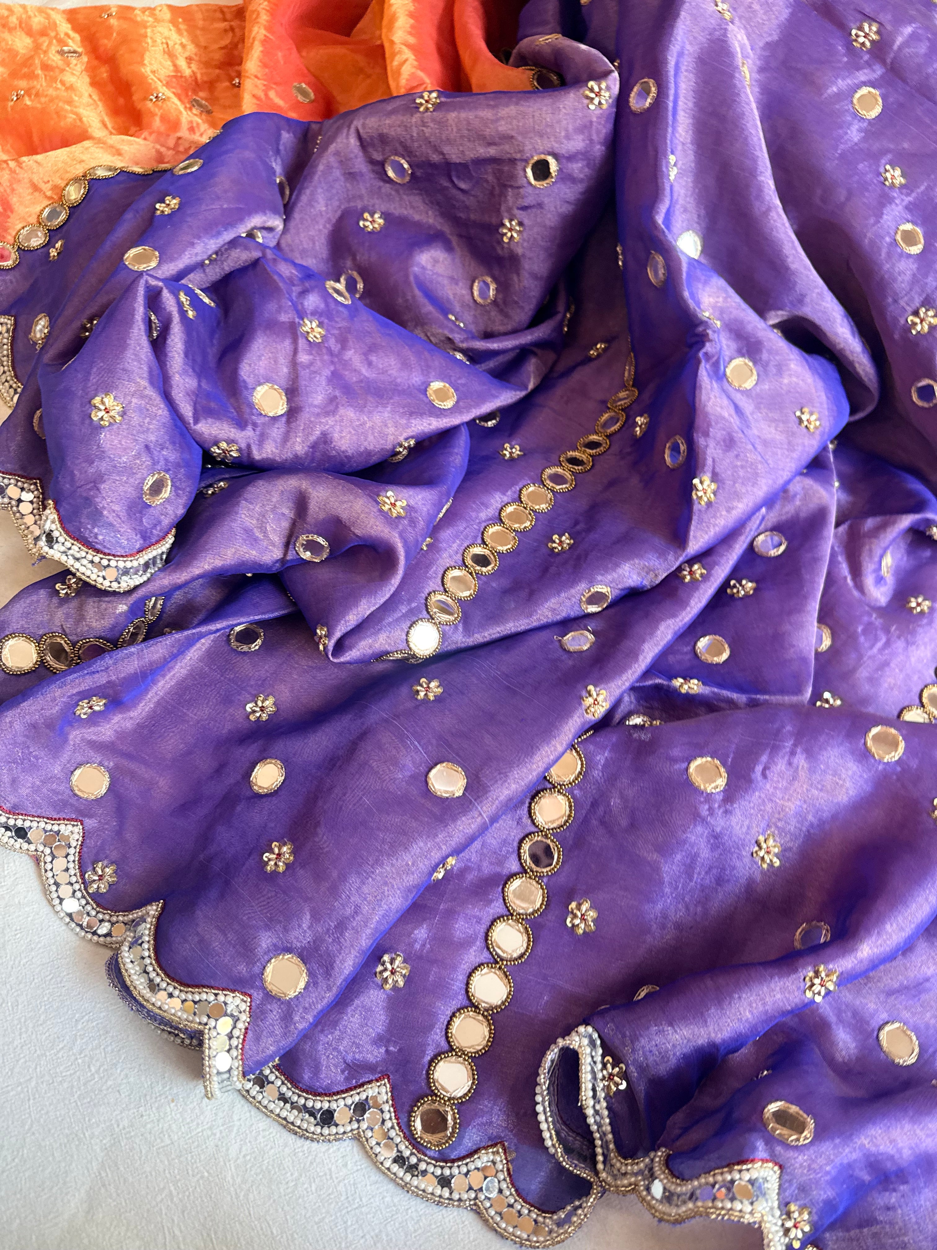 Tyohaar edit - Chiffon tissue gorgette mirrorwork half-half kafhwa buti saree