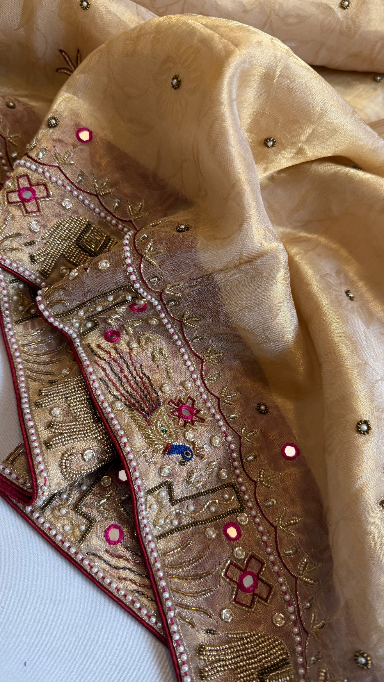 Sheeshmahal shikargah edit - Golden tissue silk hand embroidered elephant motif border kadhwa saree