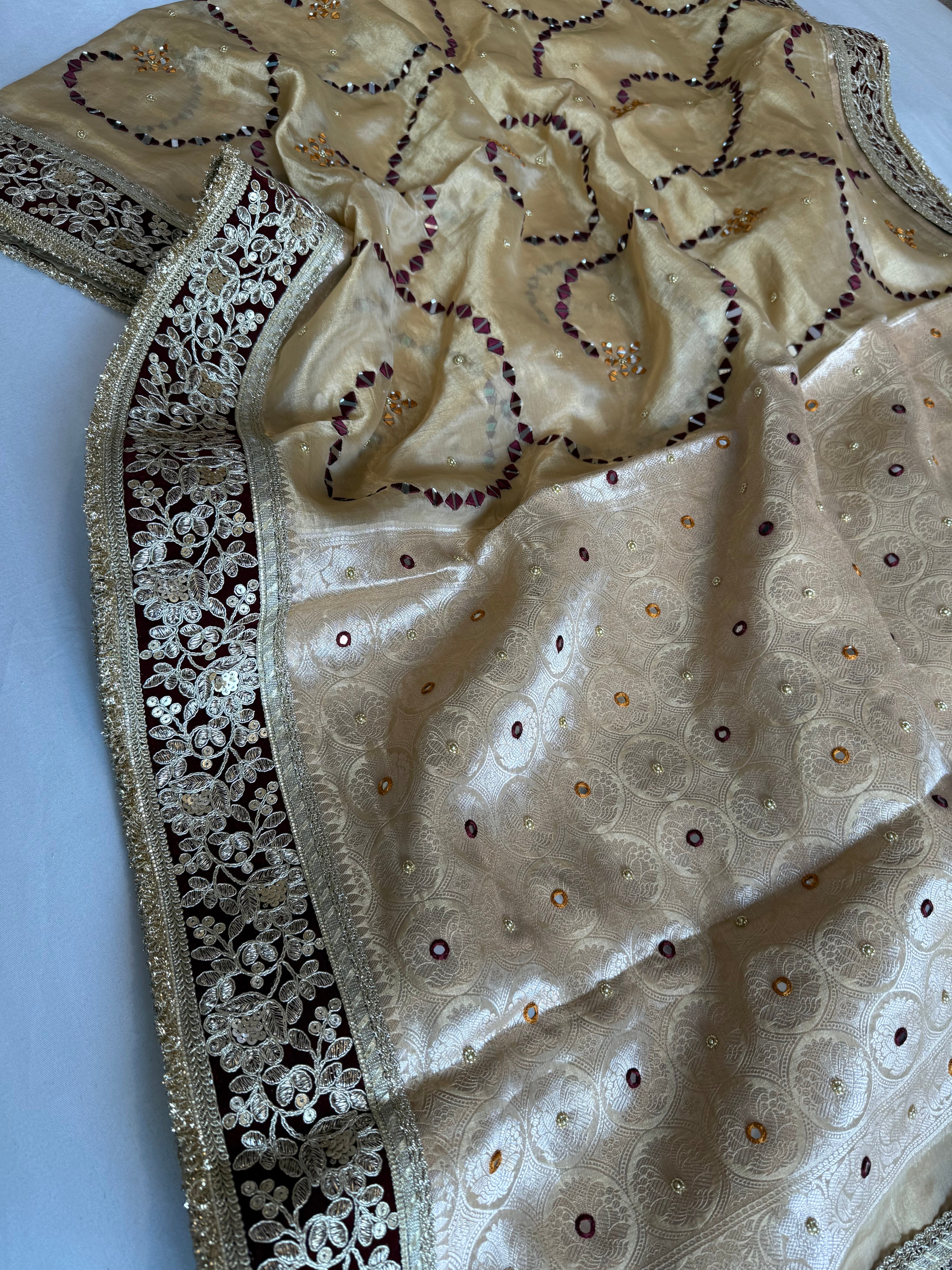 Sheesham edit - Heavy double tissue silk mirror work hand embroidered saree