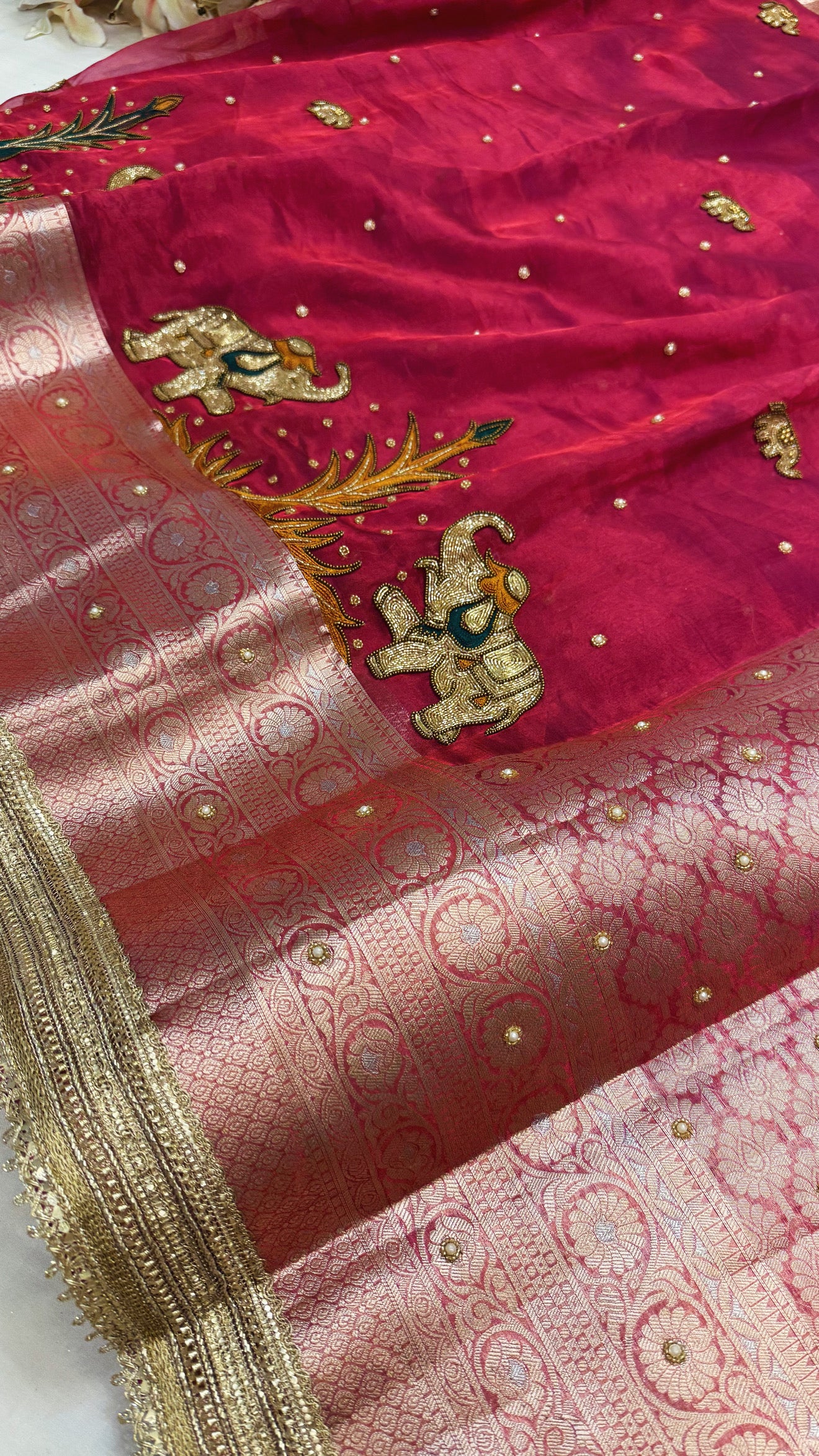 Karwachauth special - Cranberry pinkish red tissue silk elephant motif hand embroidered saree