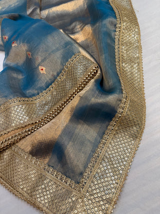 Aqua blue maharani tissue silk meenakari buti saree