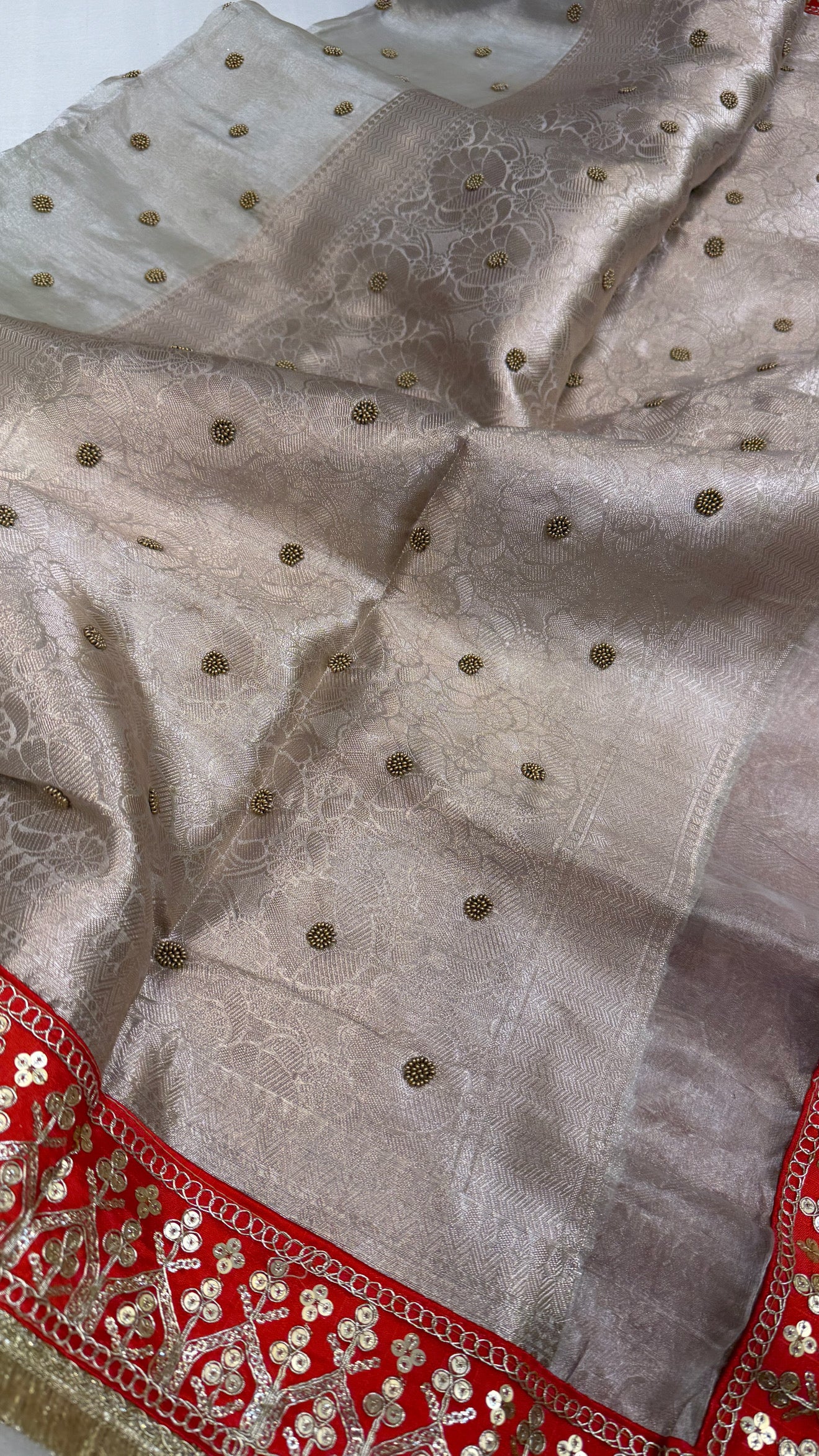 Diamond tissue silk chunri buti hand embroidered panetar saree