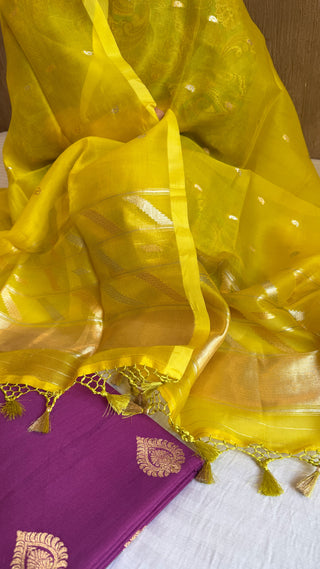 Banarasi wine-neon yellow contrast chiniya silk kadhwa suit sets