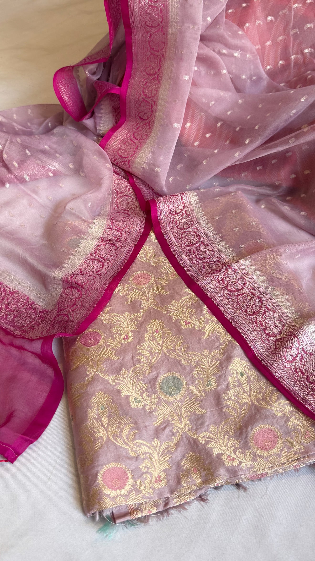 Blush pink - Hot pink katan silk kadhwa jaal kurta paired with chap dye chiffon gorgette duppata set