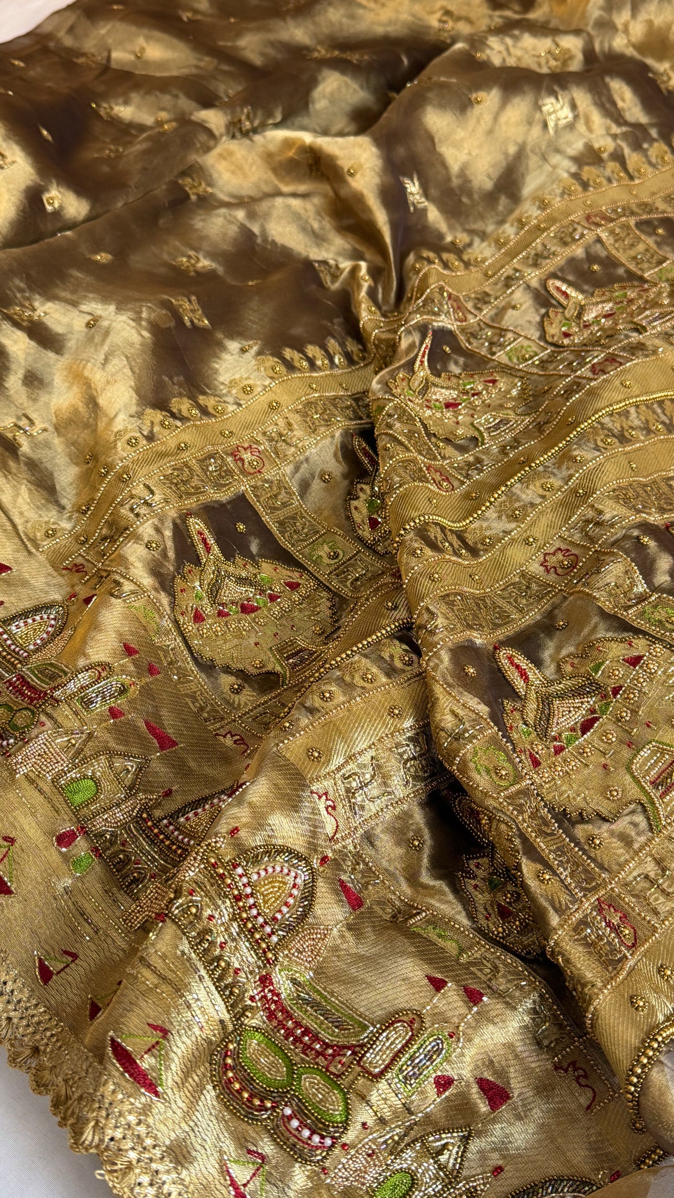Gangaghat edit saree - Molten antique gold tissue silk meenakari hand embroidered kadhwa saree