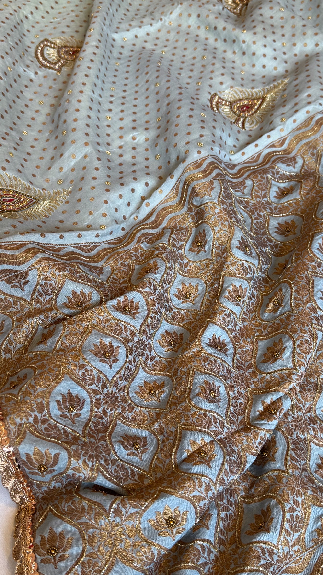 Water blue moonga silk antique zari hand embroidered kadhwa saree