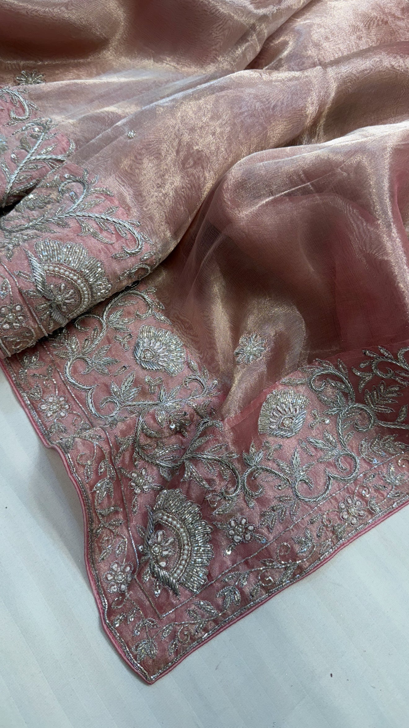 Gulab ki pankhuri husn tissue silk heavy zardozi border hand embroidered saree