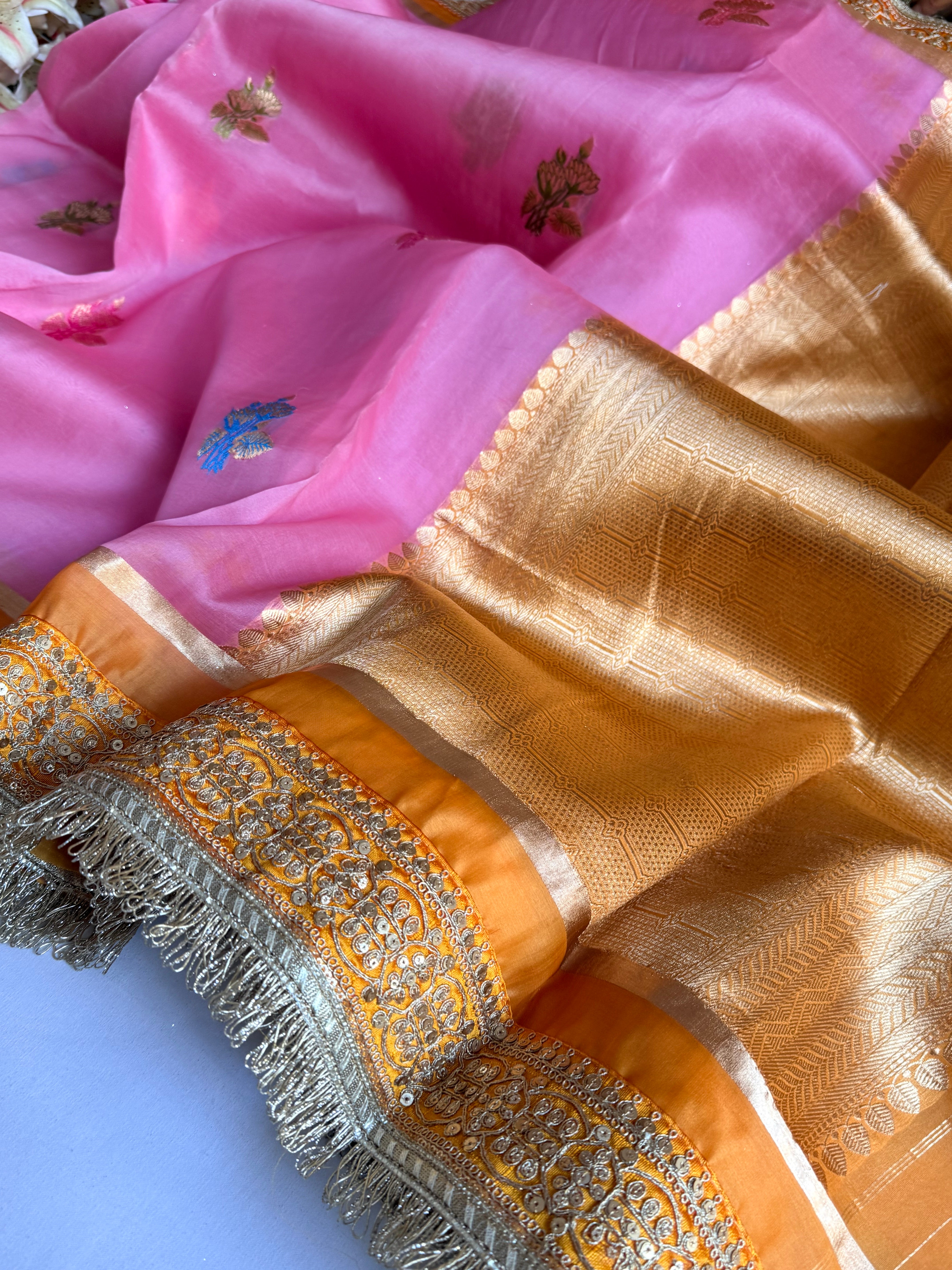 Banarasi leela candy pink-orange kora silk kadhwa saree