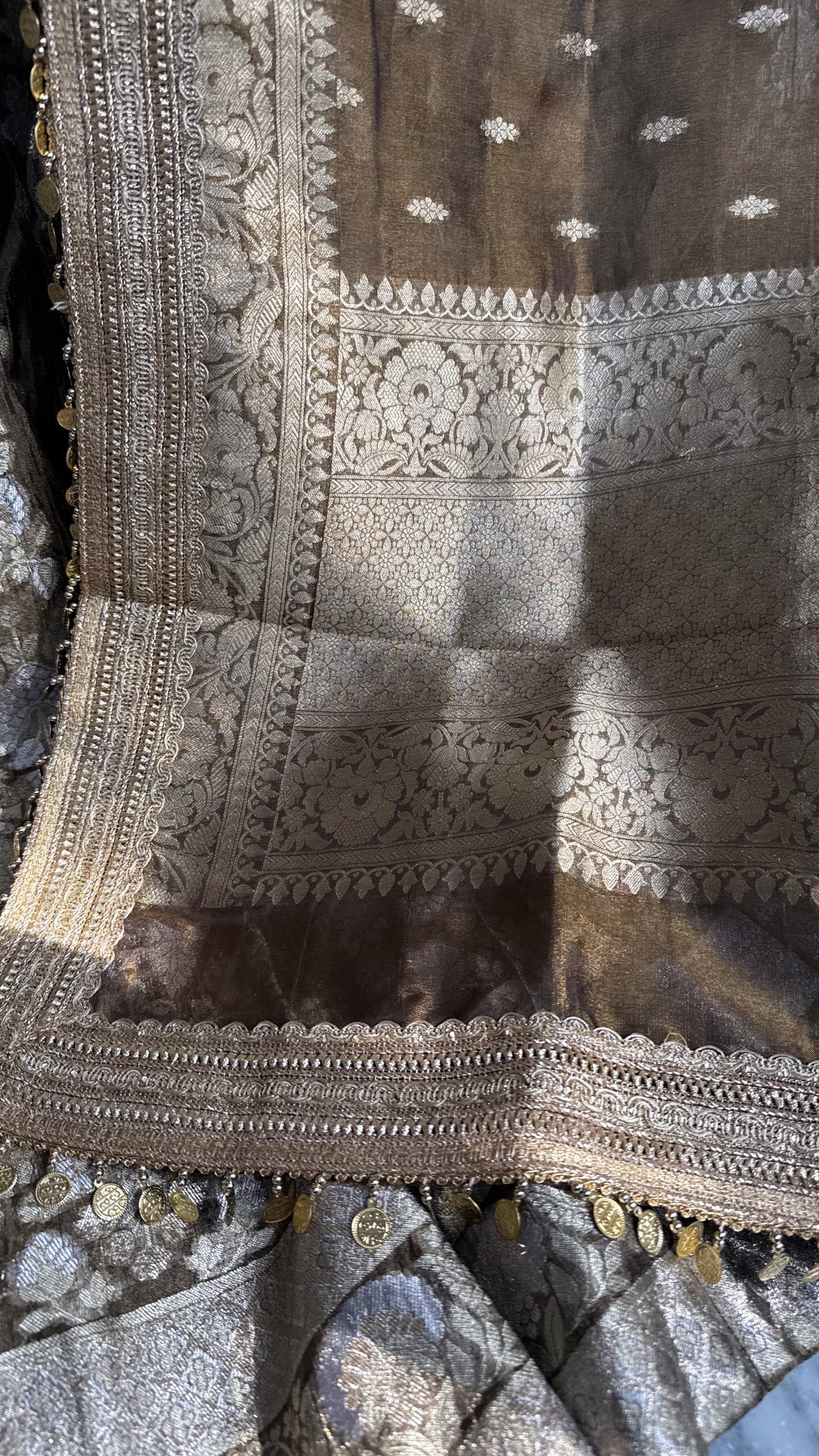 Antique gold tissue silk kali wala lehenga set