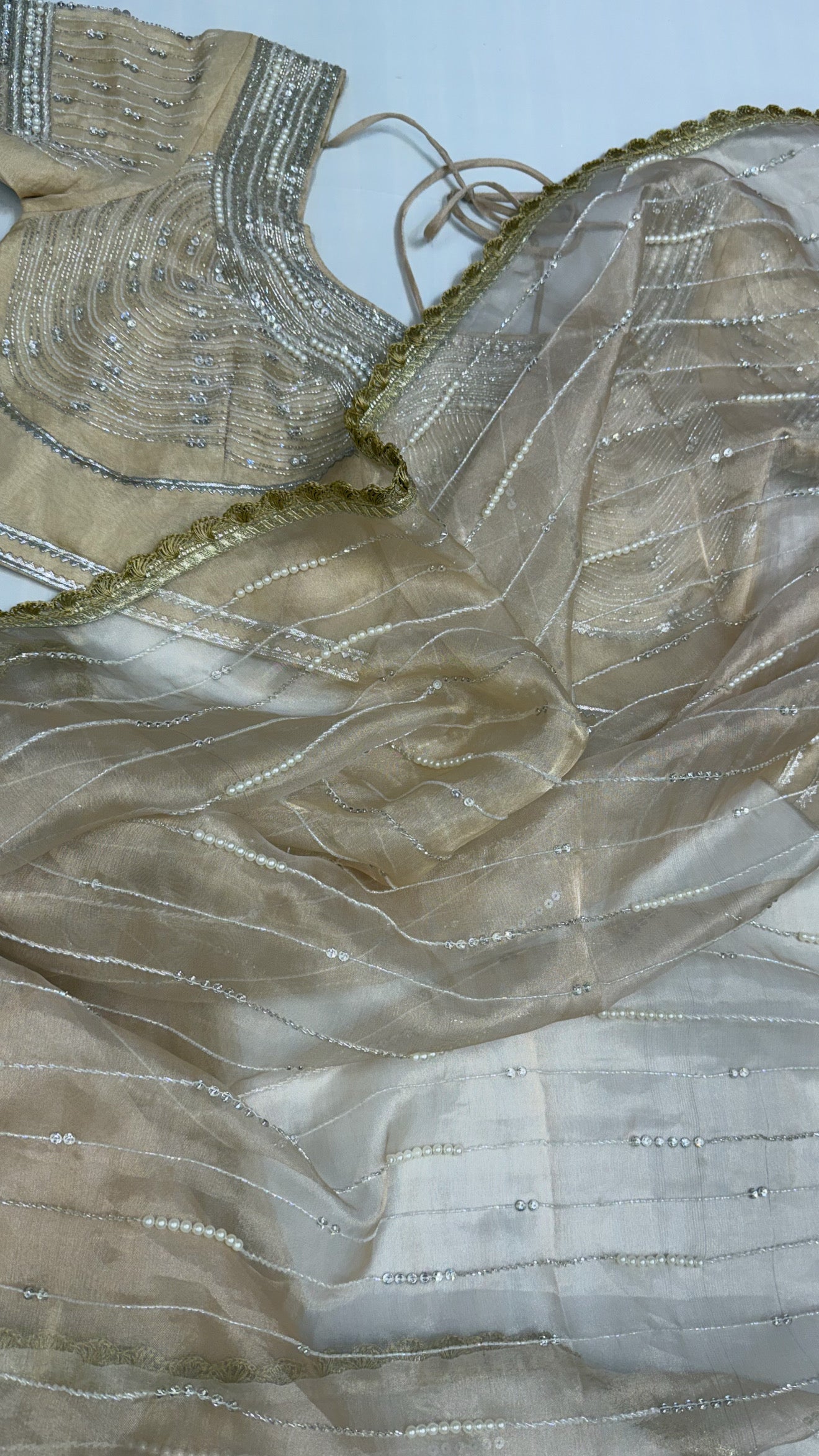 Suhana khan inspired golden pearl work heavy hand embroidered tissue silk saree