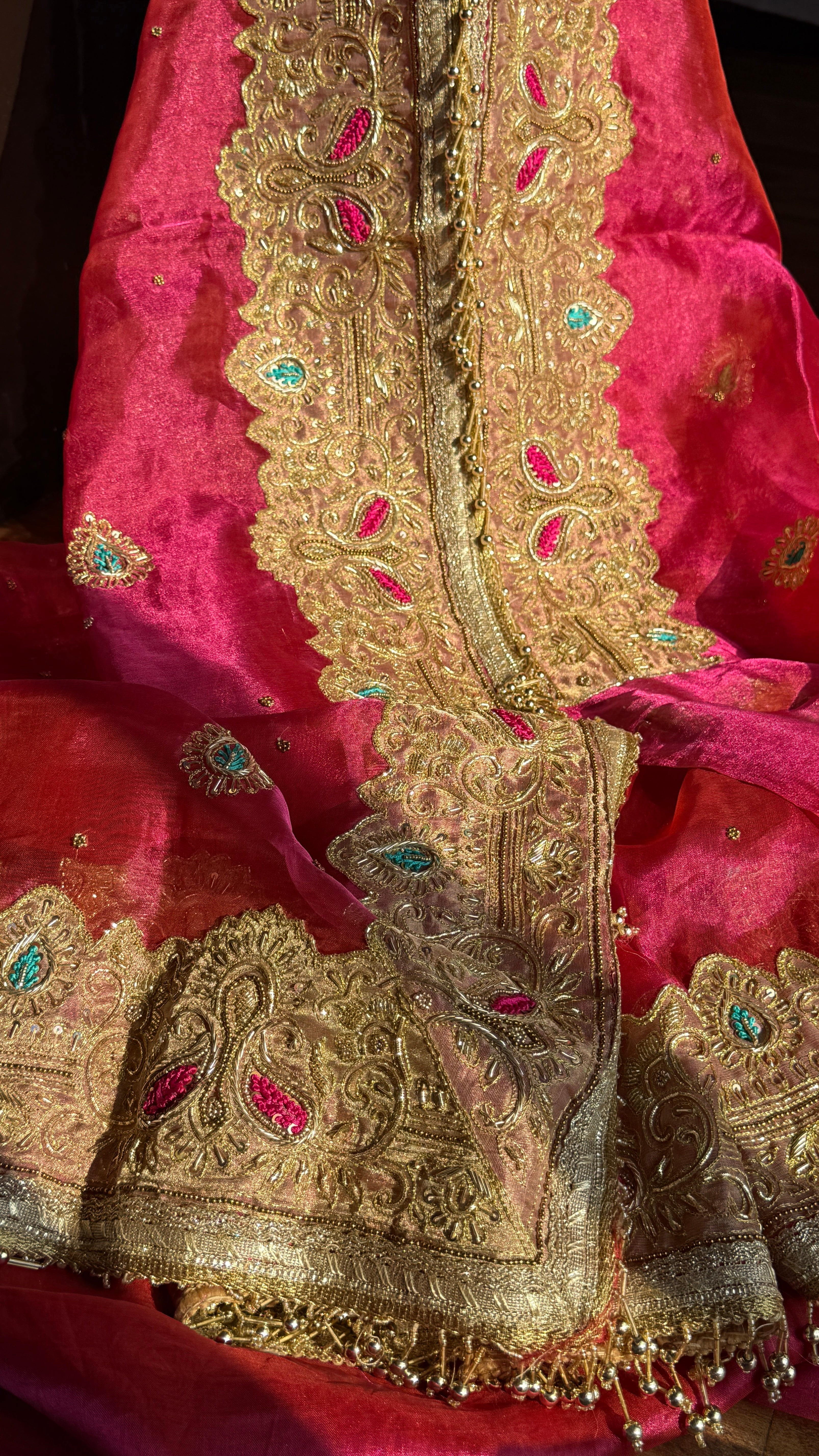 Golden banarasi zardozi heavy hand embroidered meenakari saree