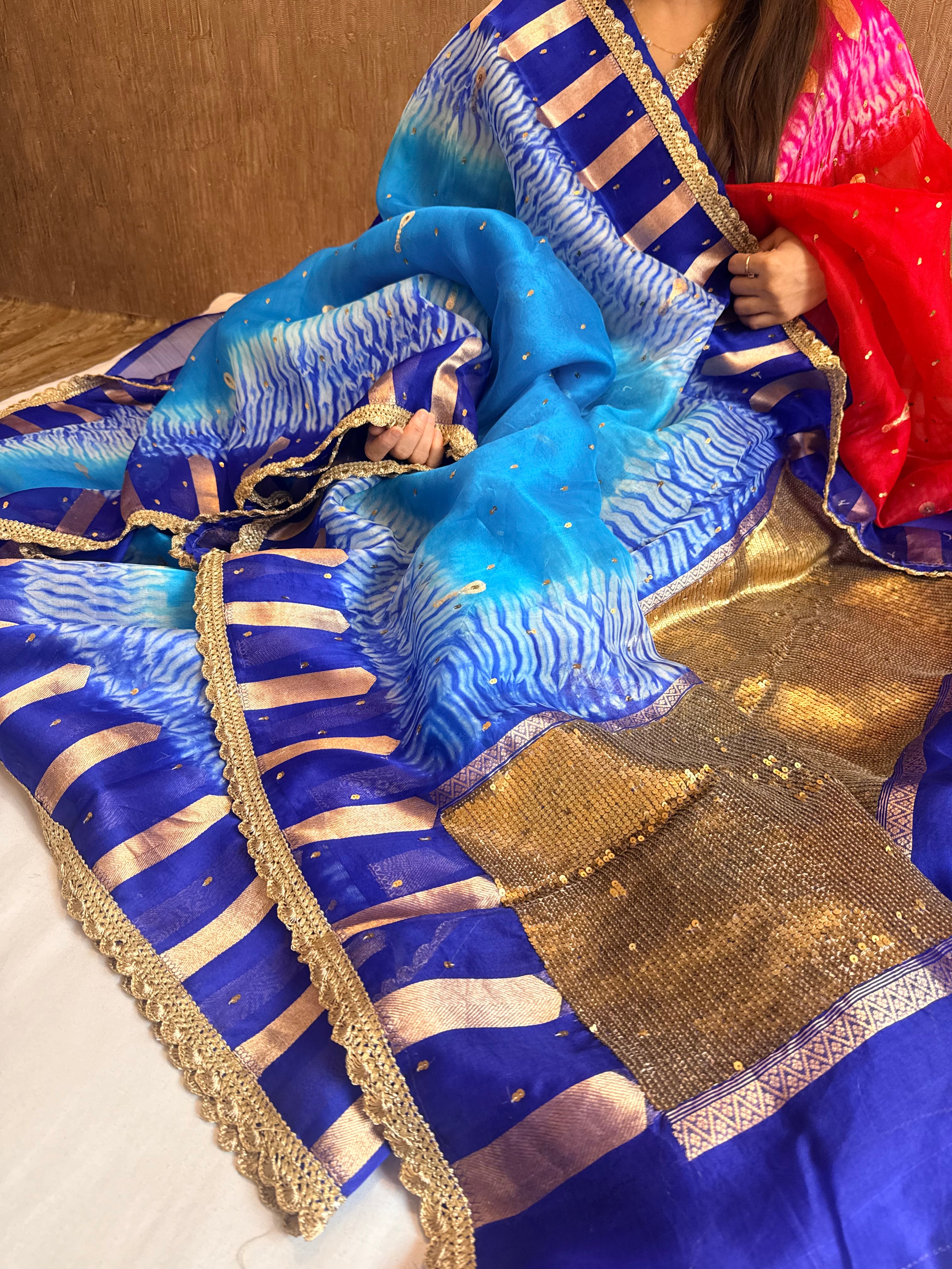 Shibori dye kora silk salma sitara work hand embroidered sequins saree