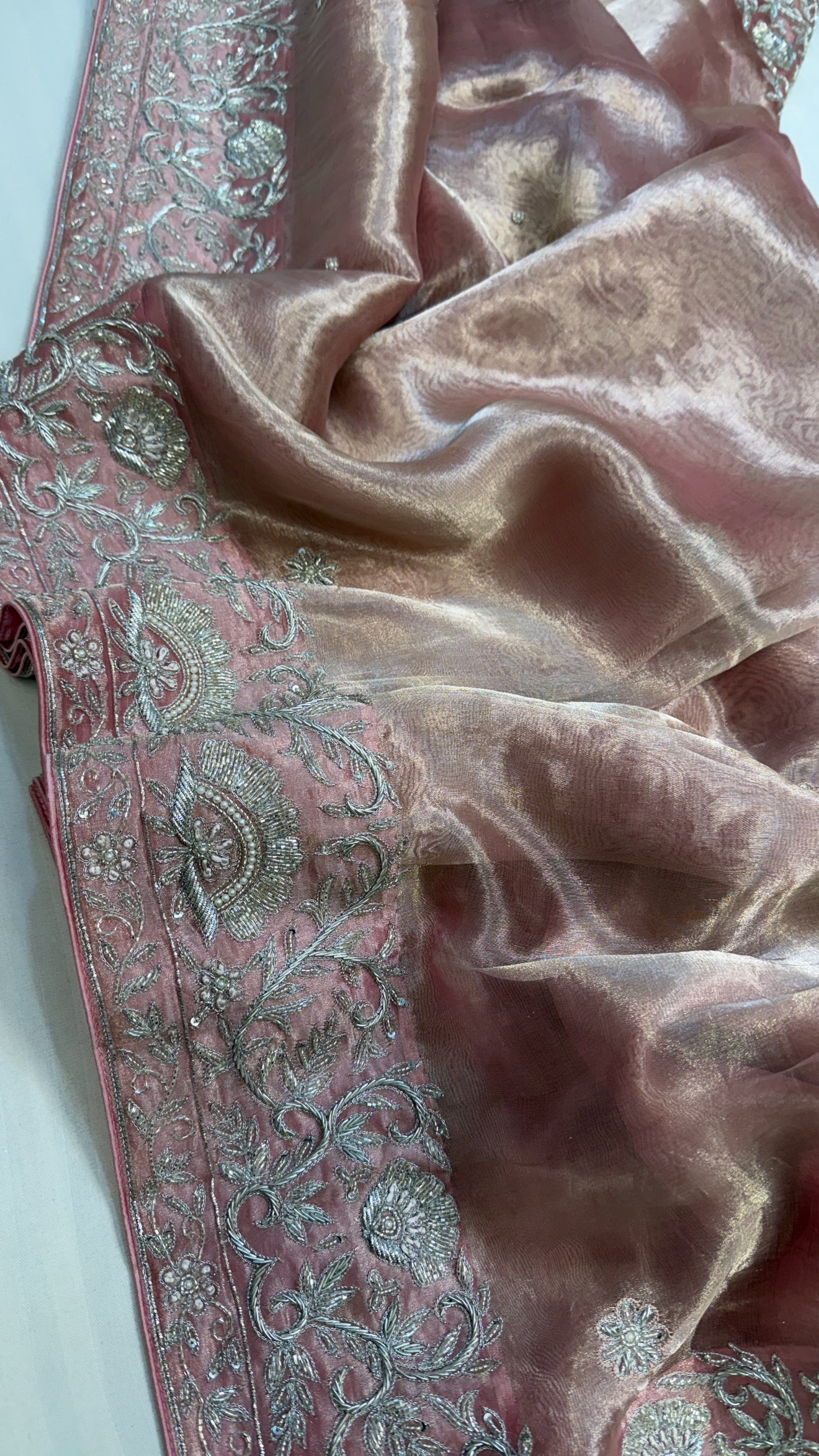 Gulab ki pankhuri husn tissue silk heavy zardozi border hand embroidered saree