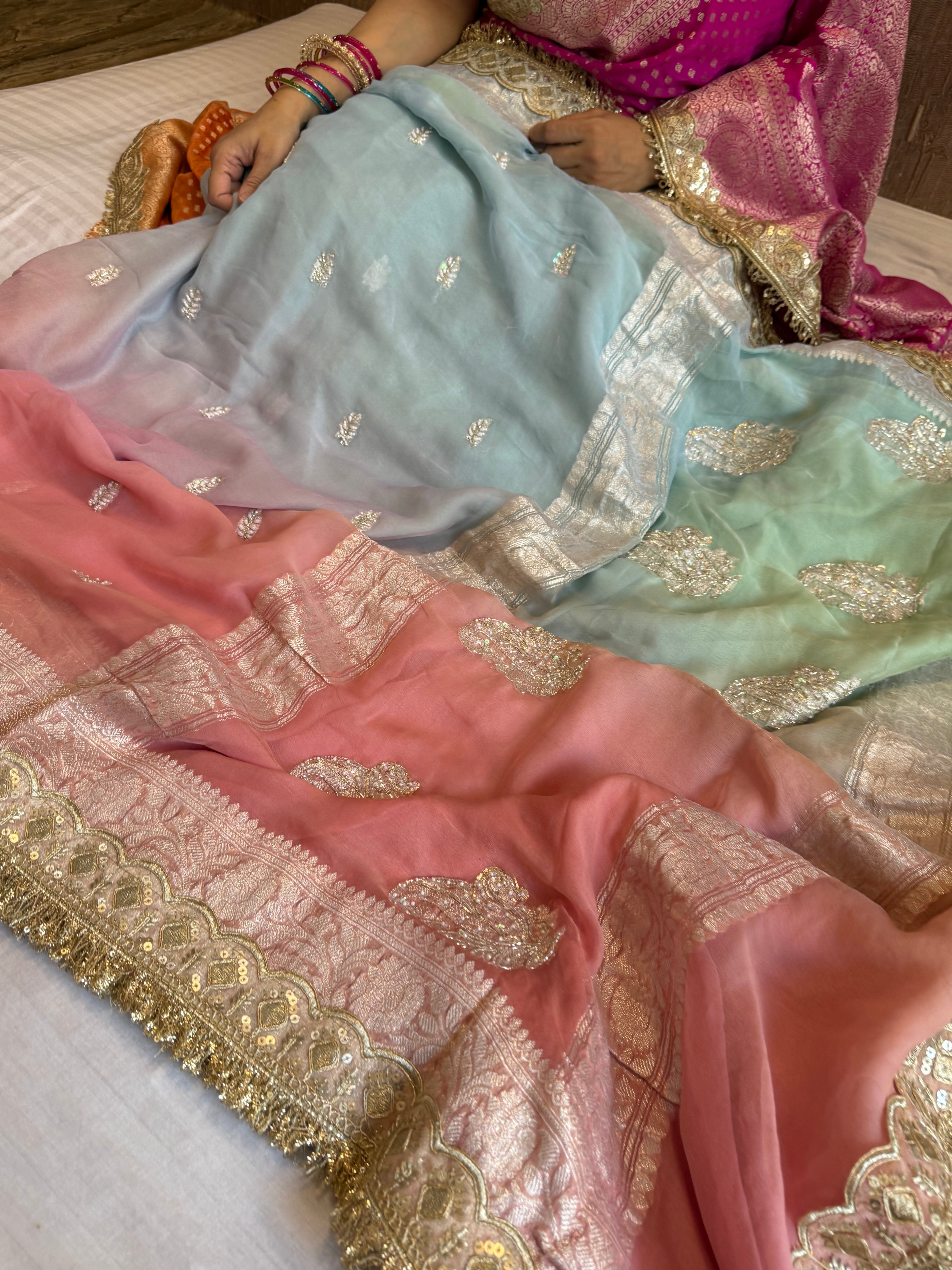 Paro banarasi chiffon gorgette hand embroidered kadhwa saree