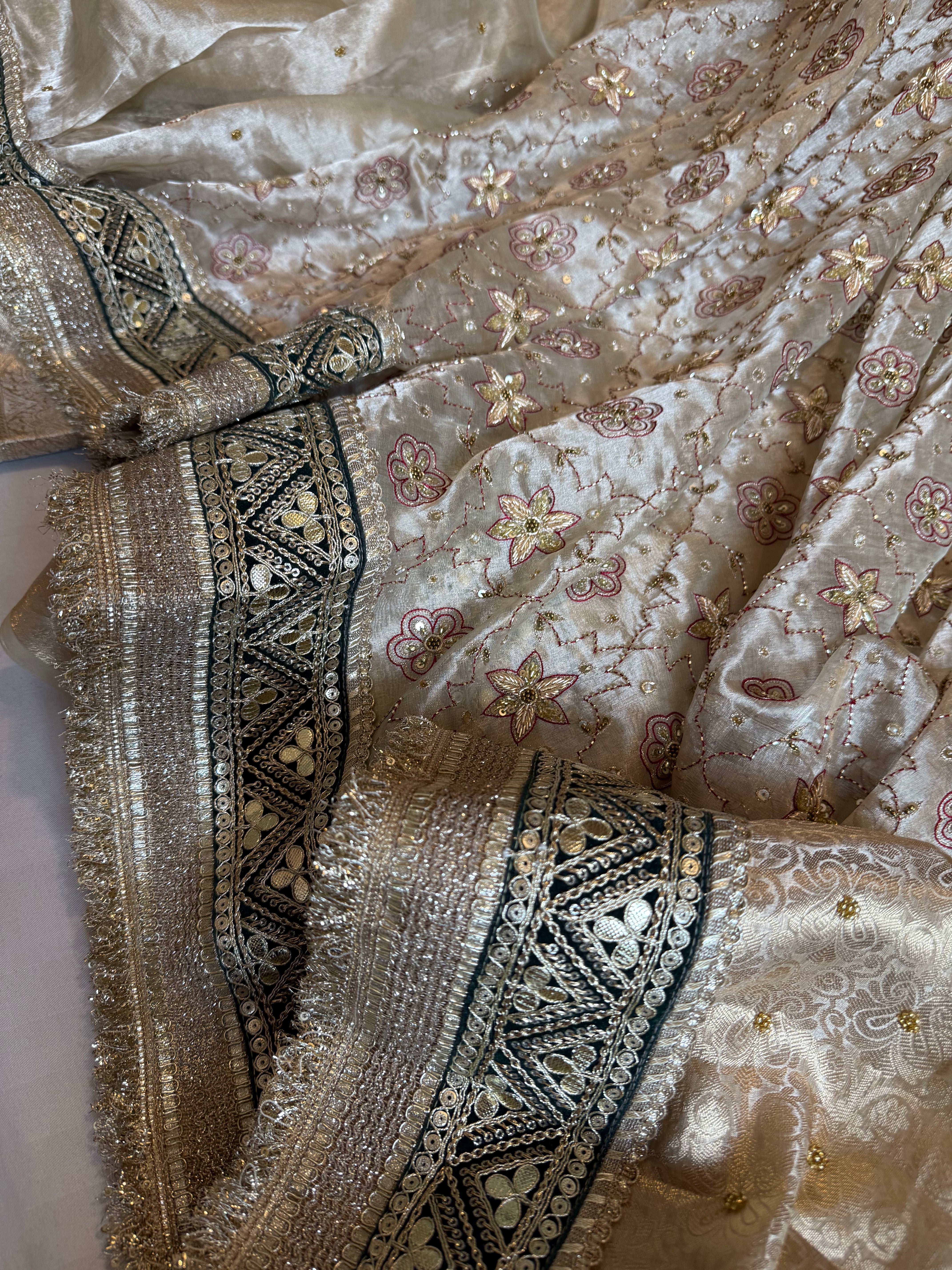 Kutchi inspired tissue silk hand embroidered heavy meenakari gharchola design saree