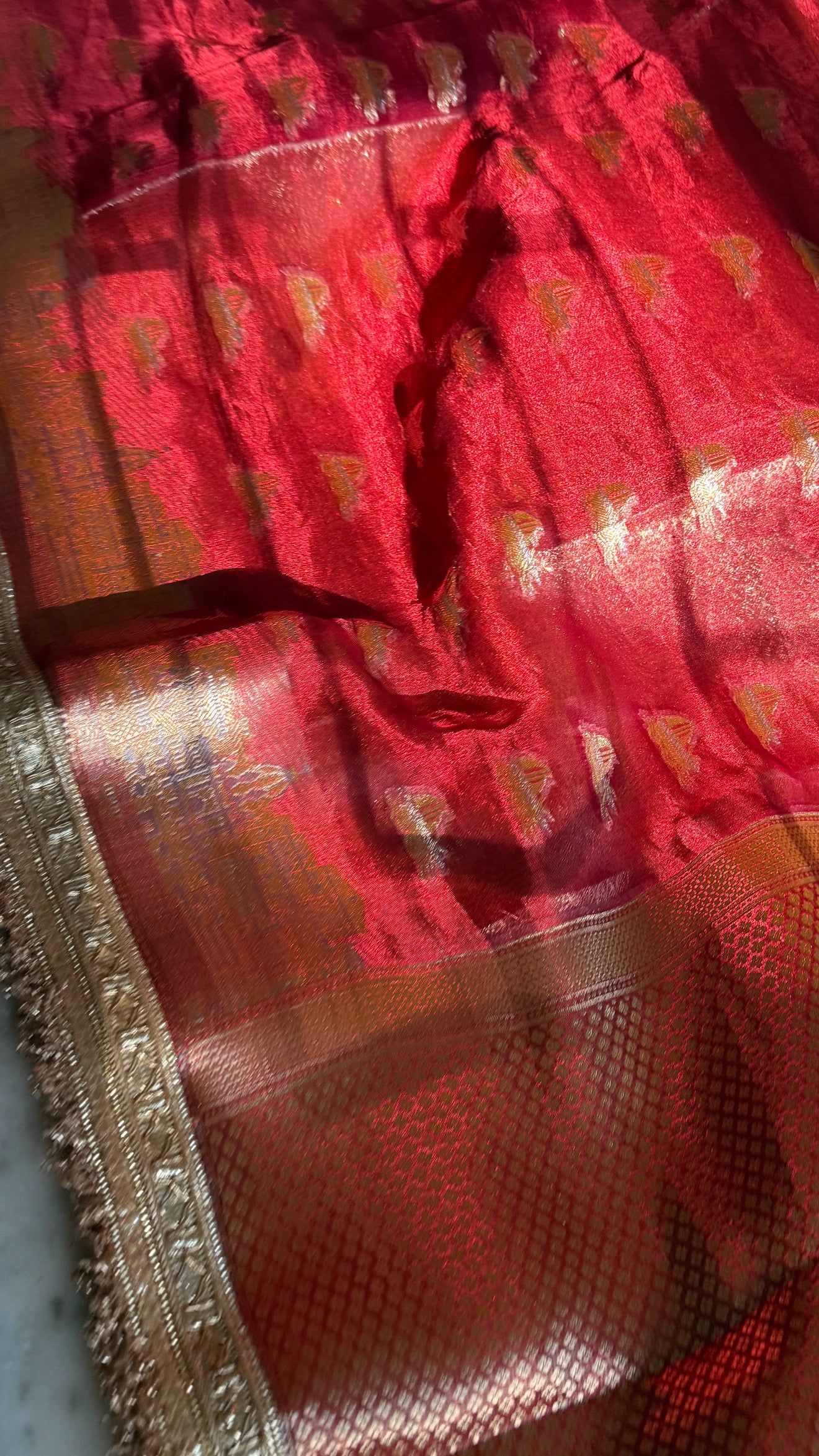 Teej Special - Banarasi ghat buti tissue silk mulberry red kadhwa saree