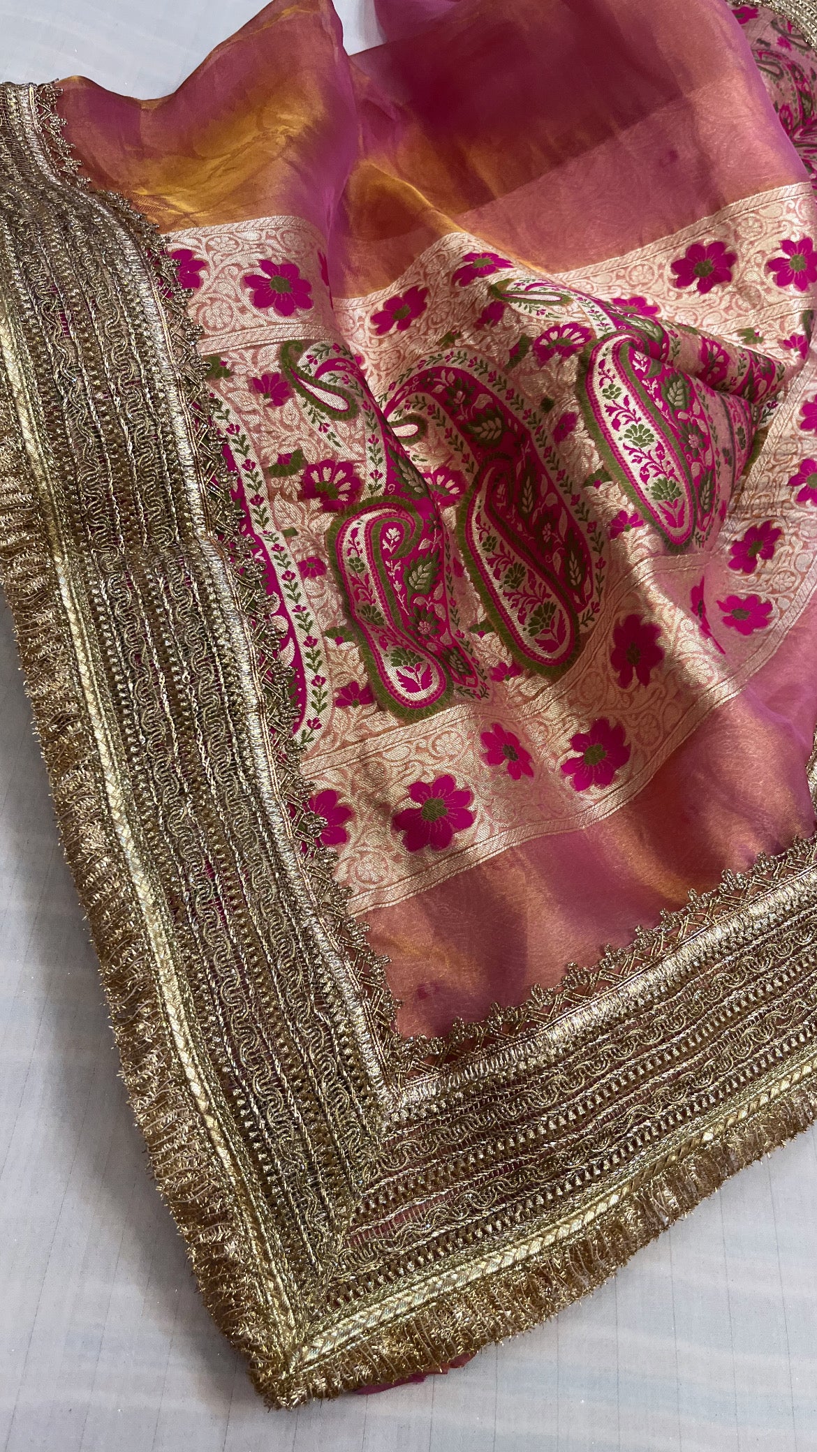 Maharani petal pink tissue tanchoi jamevar meenakari saree