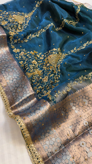 Cocktail wali saree - Peacock blue tissue silk heavy hand embroidered saree