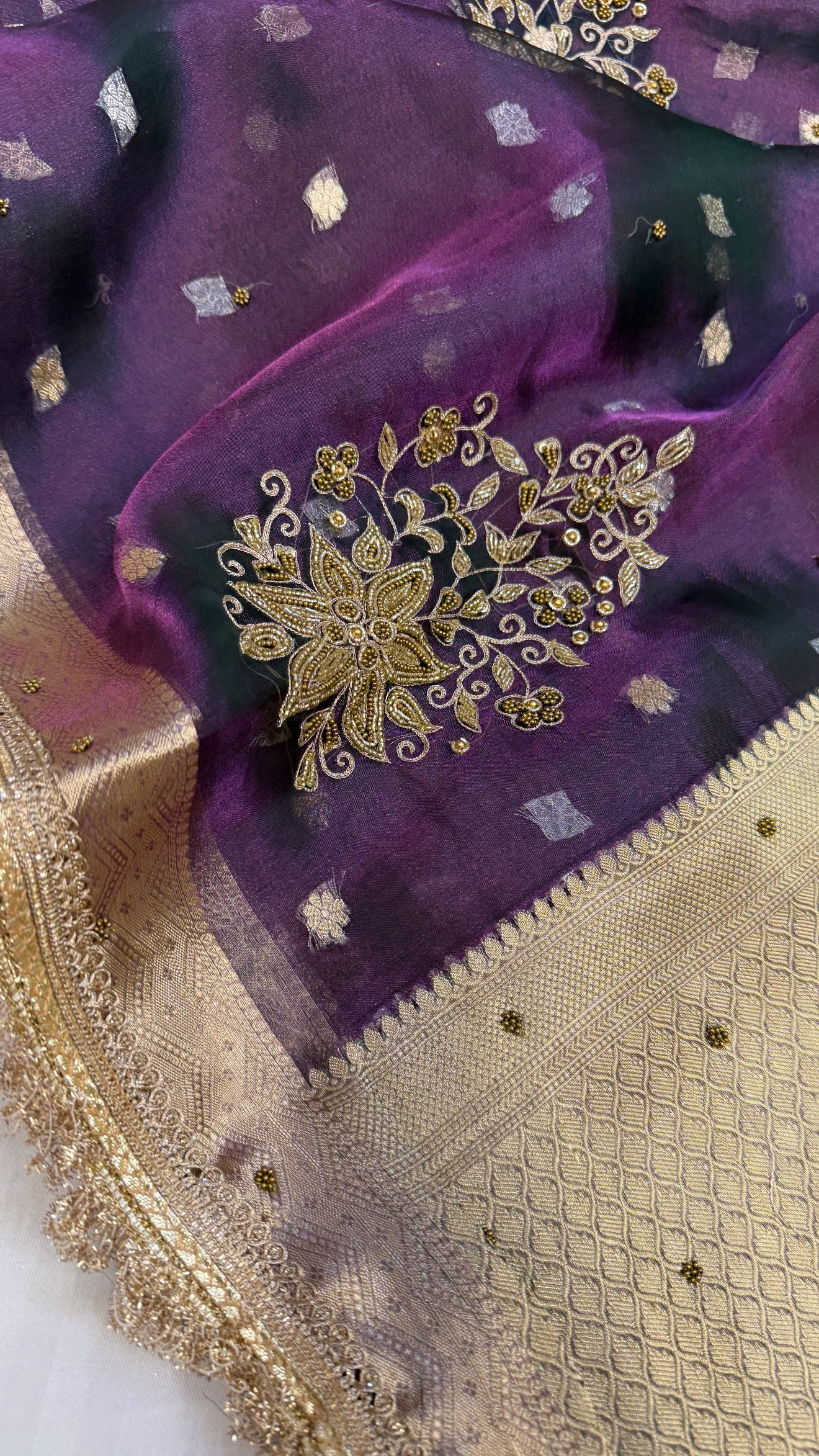 Cocktail edit sarees - brinjal purple tissue silk heavy hand embroidered saree