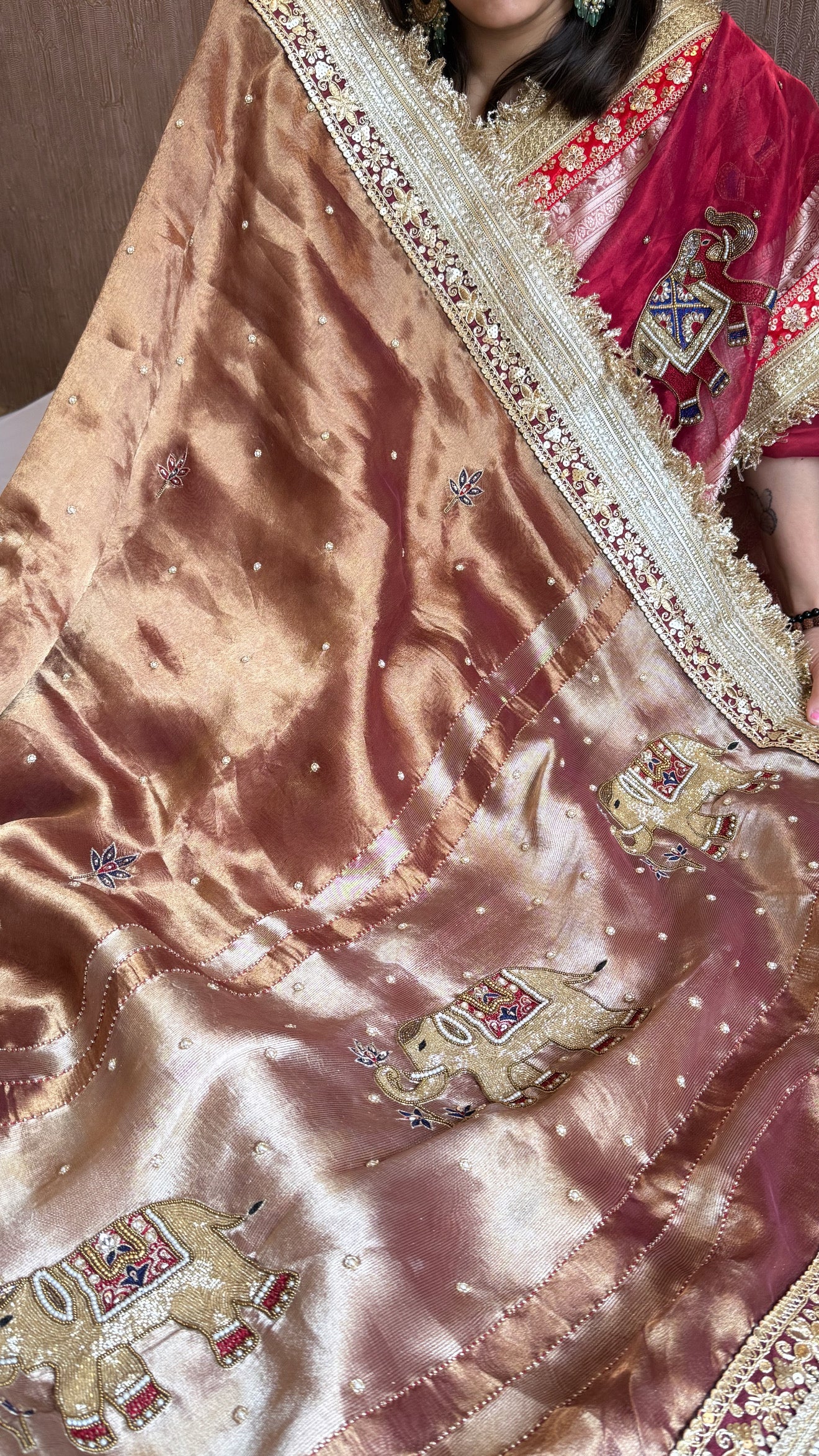 Elephant motif brown tissue silk hand embroidered husn saree