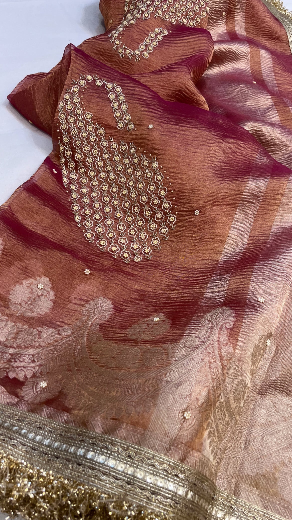 Husn cherry pink tissue silk hand embroidered saree