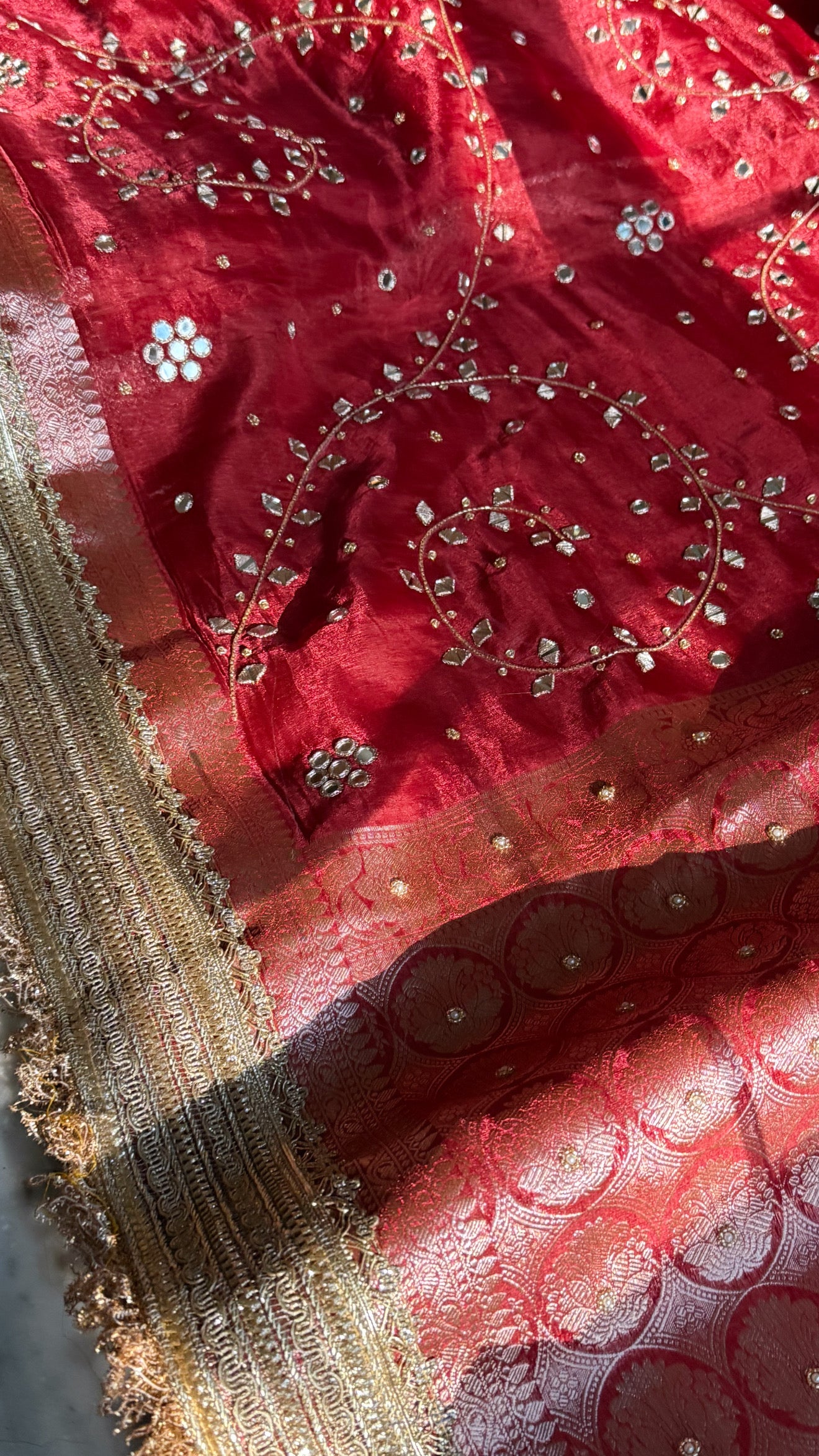 Teej special - Crimson red mirror work tissue silk jaal hand embroidered saree
