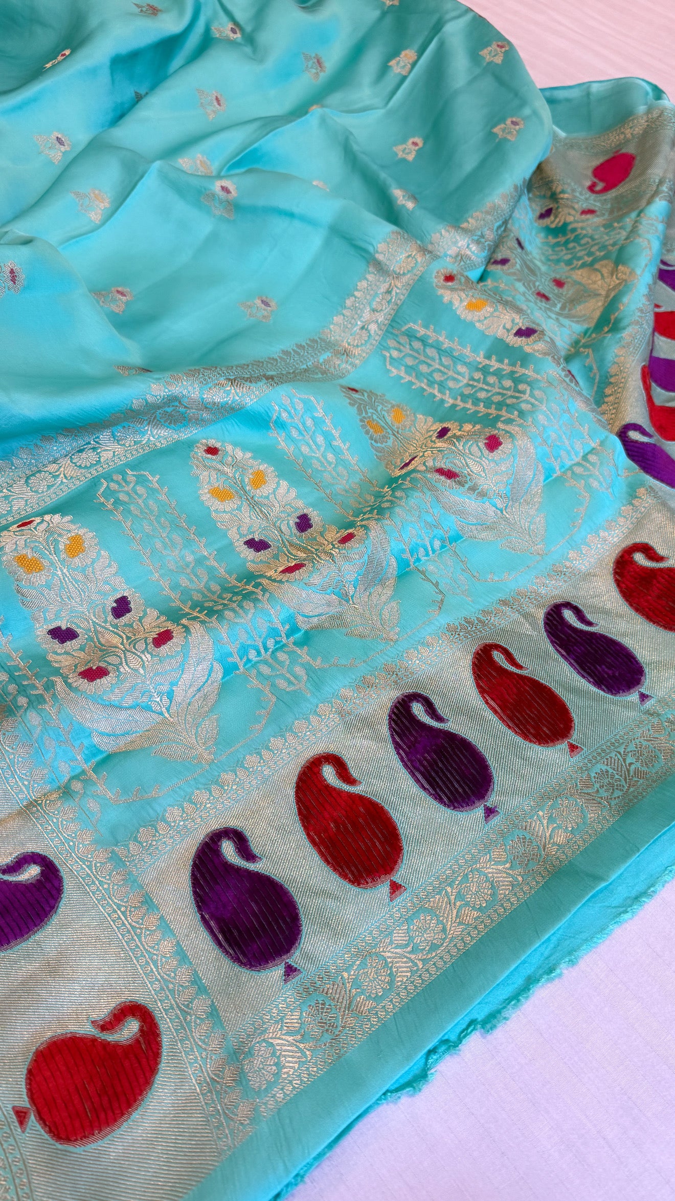 Sky blush blue banarasi mashru silk velvet buti kadhwa weaving saree