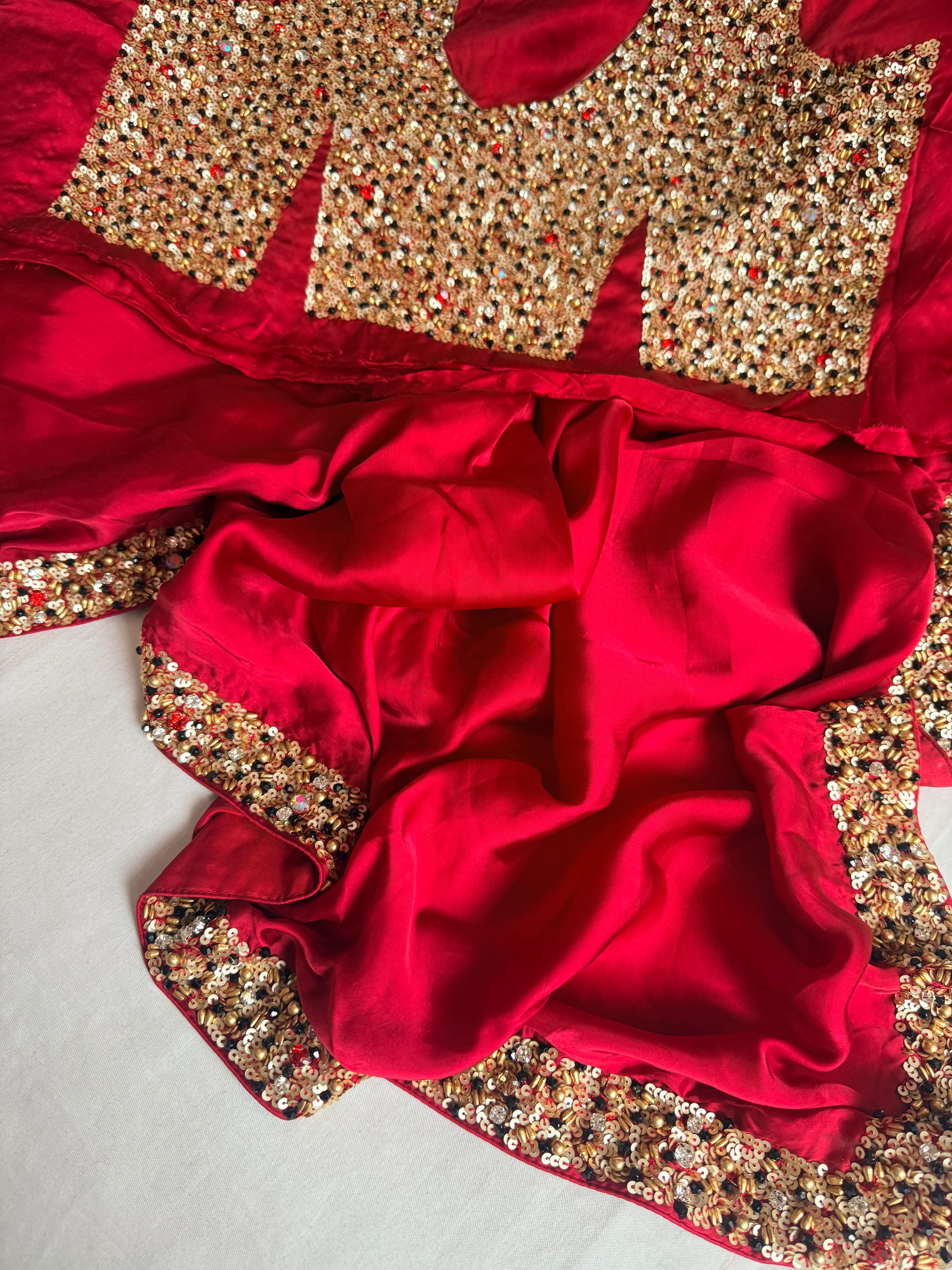 Mashru banarasi satin-sequin work hand embroidered cocktail edit saree