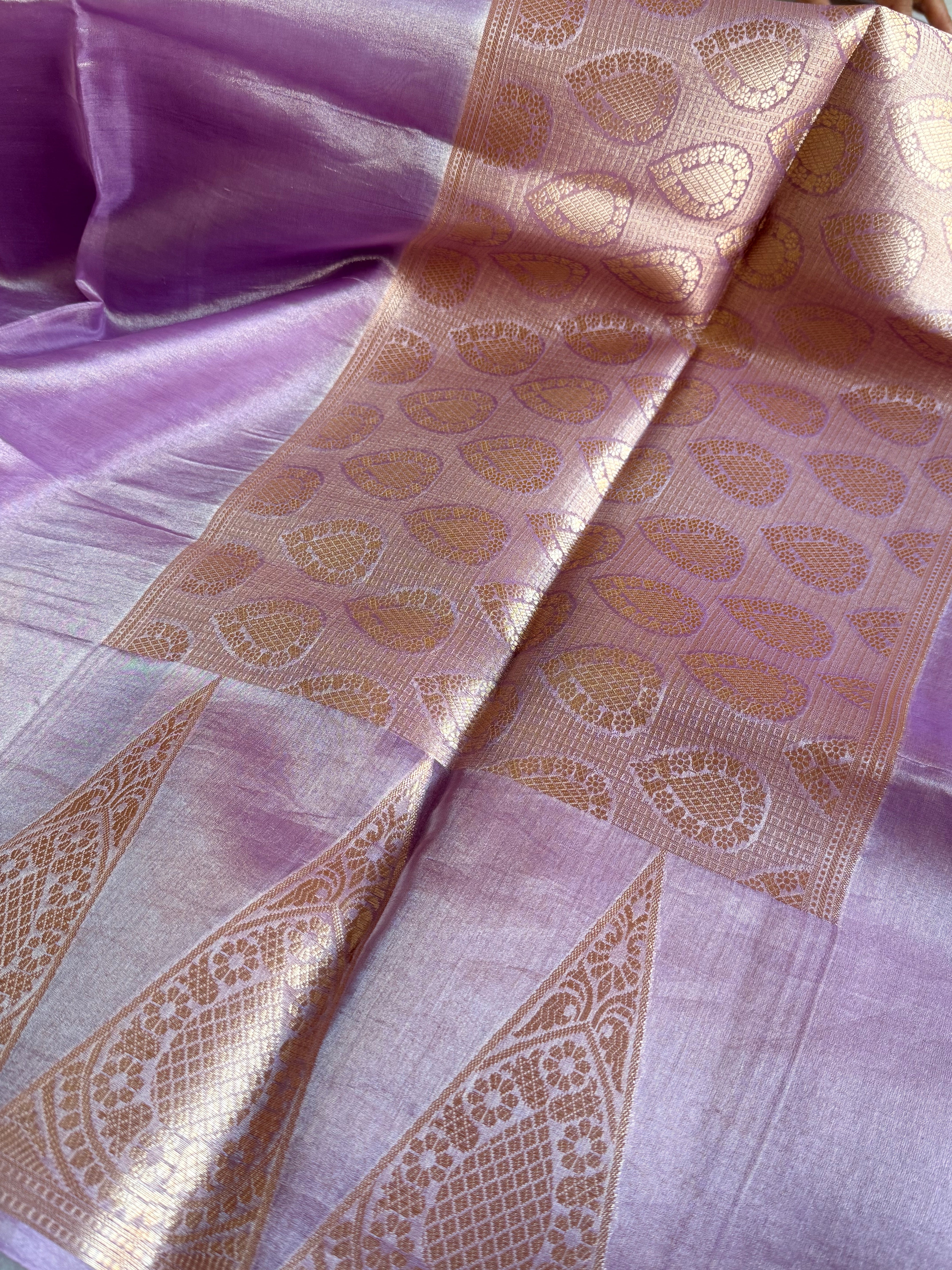Below 10k - Temple border tissue silk dhup chao effect kadhwa saree