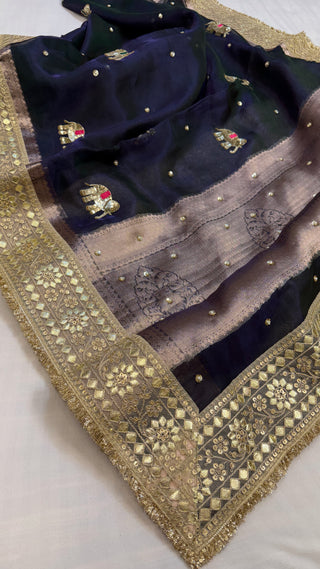 Baarat wali saree - Metallic deep blue husn tissue silk elephant motif hand embroidered saree