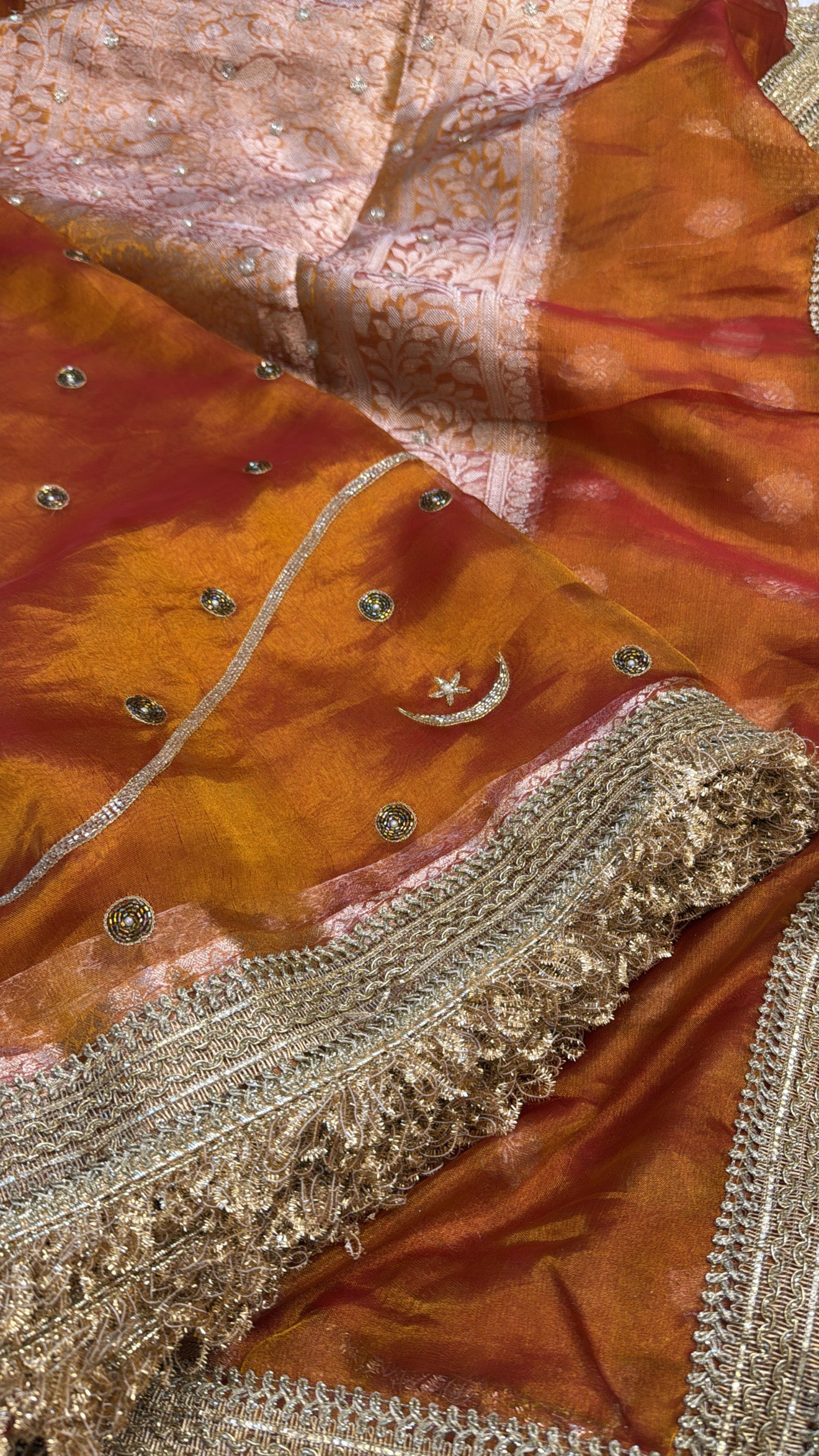 Dulhan wali saree - Rustic orange husn tissue silk hand embroidered saree